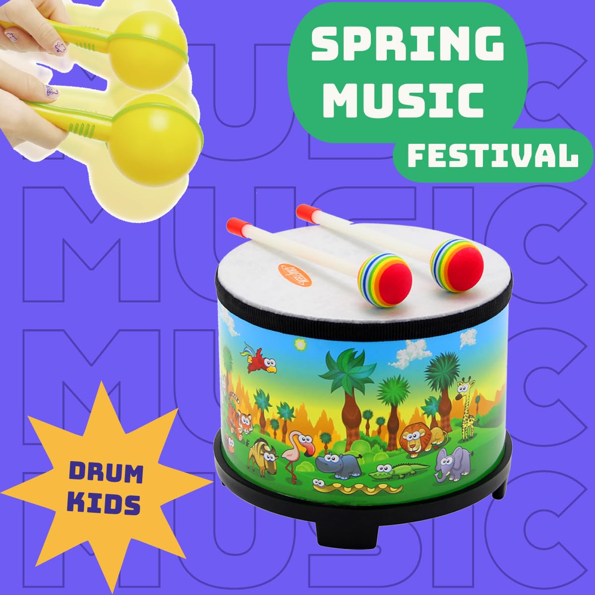 Crafteem Floor Tom Drum for Kids – 8-Inch Percussion Set with Mallets & Color Maracas
