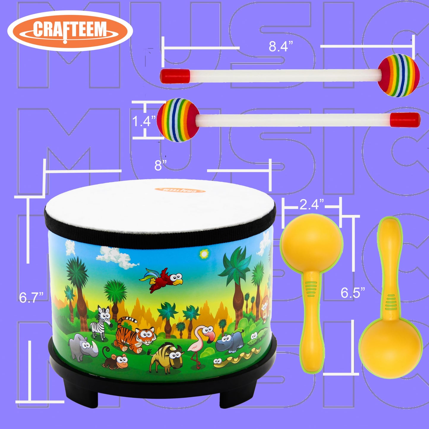 Crafteem Floor Tom Drum for Kids – 8-Inch Percussion Set with Mallets & Color Maracas