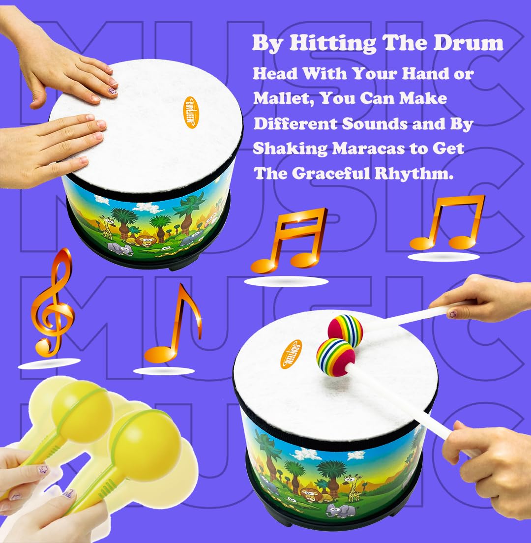 Crafteem Floor Tom Drum for Kids – 8-Inch Percussion Set with Mallets & Color Maracas