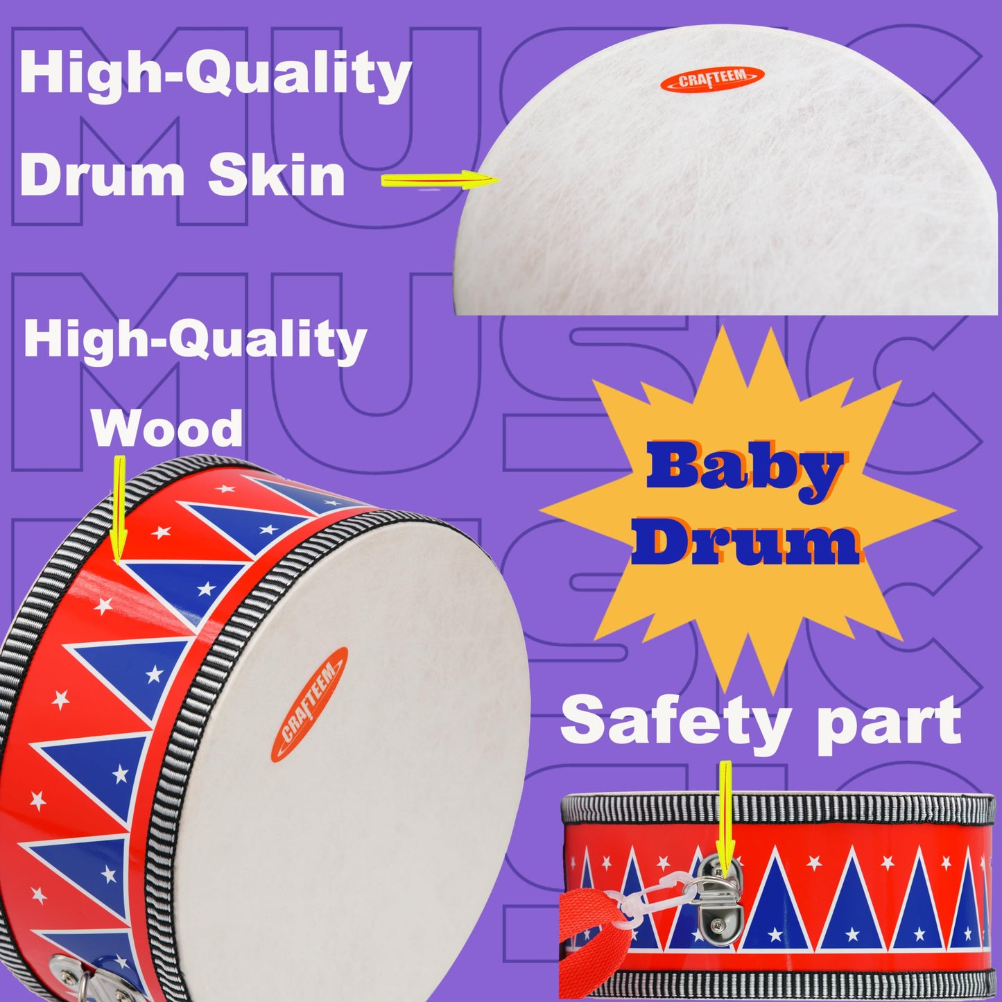 CRAFTEEM Kids Drum Set for Toddlers – Safe Wooden Musical Toy with Wrist Bells & Sticks