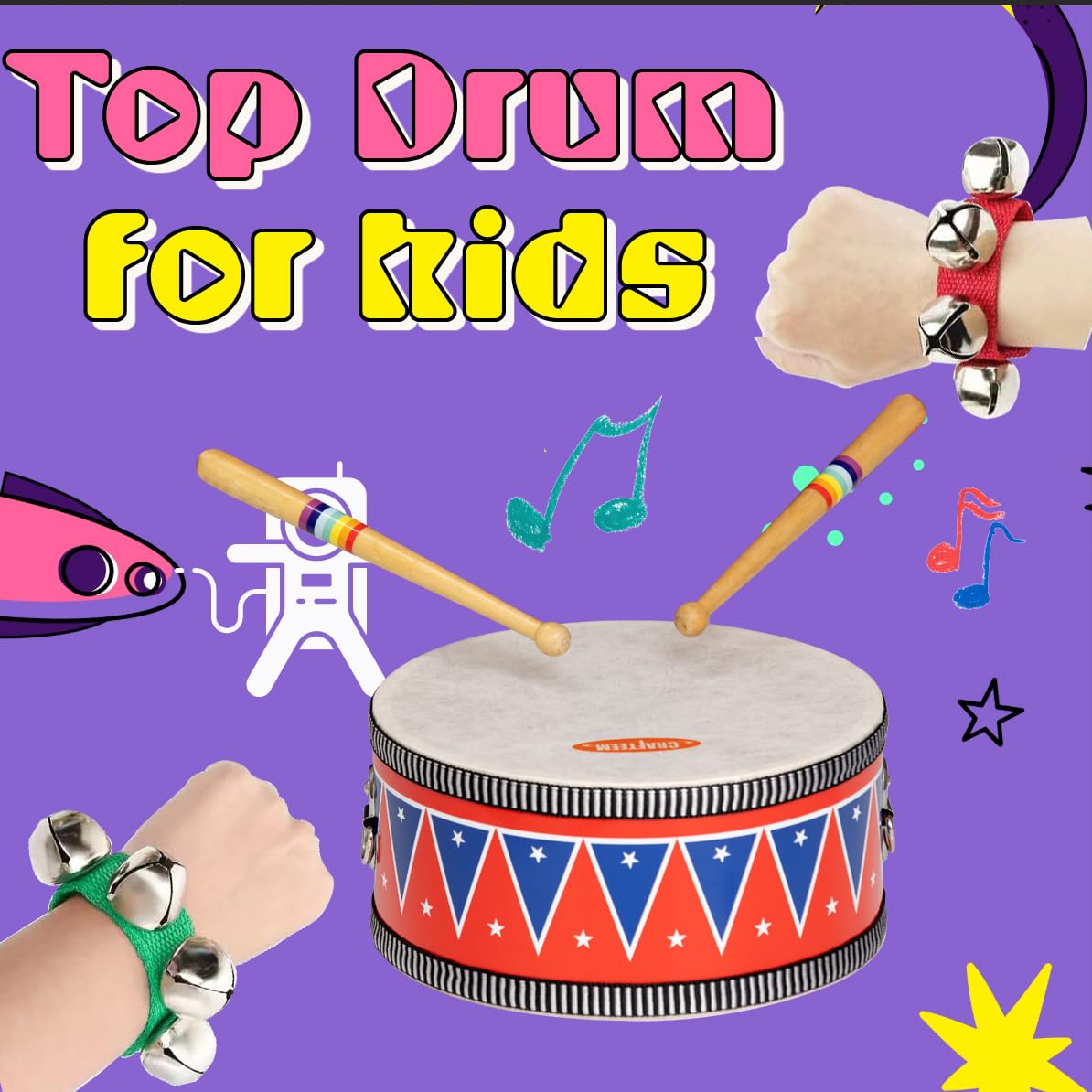 CRAFTEEM Kids Drum Set for Toddlers – Safe Wooden Musical Toy with Wrist Bells & Sticks