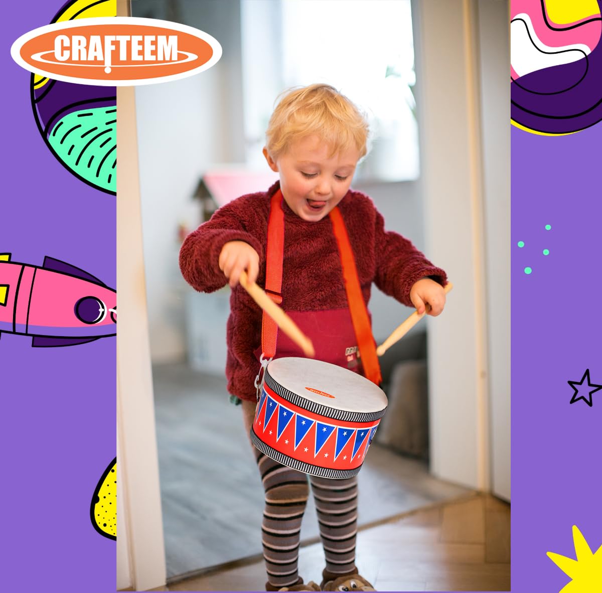 CRAFTEEM Kids Drum Set for Toddlers – Safe Wooden Musical Toy with Wrist Bells & Sticks