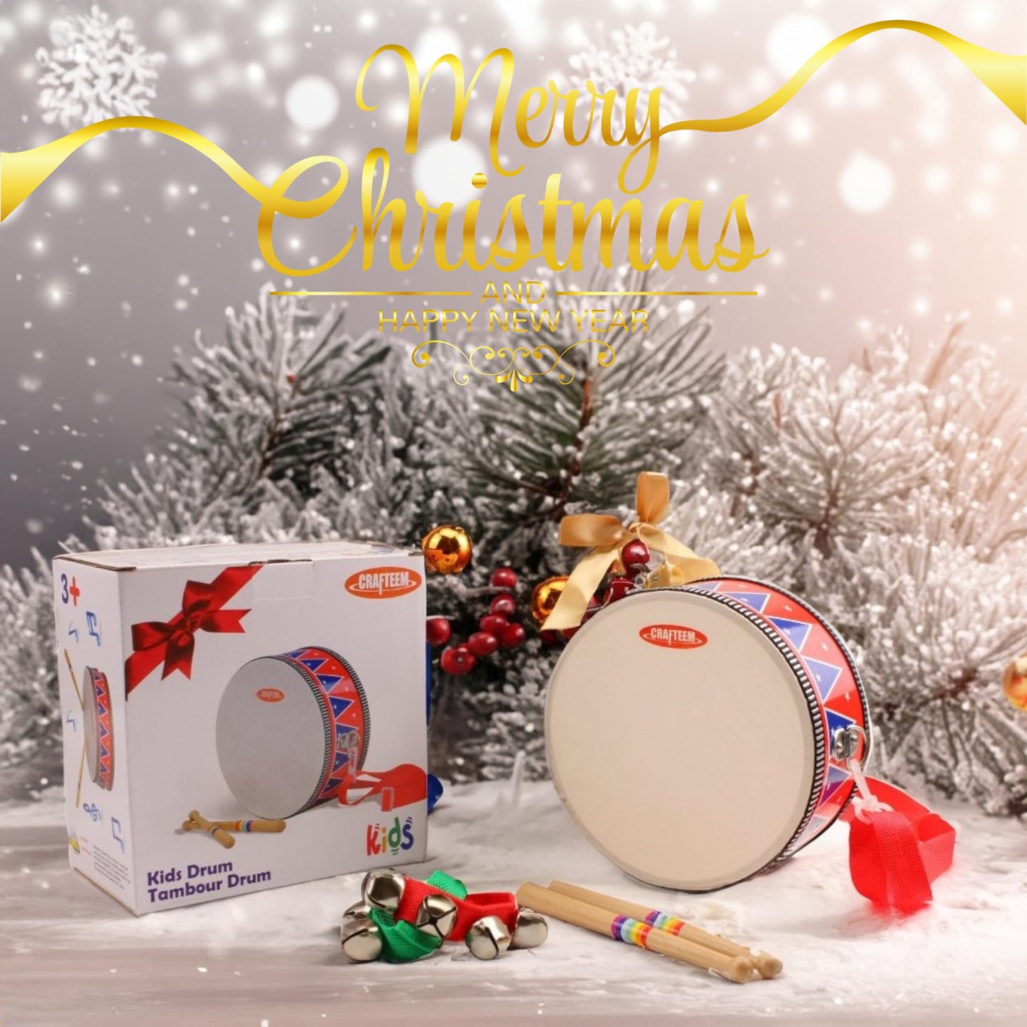 CRAFTEEM Kids Drum Set for Toddlers – Safe Wooden Musical Toy with Wrist Bells & Sticks
