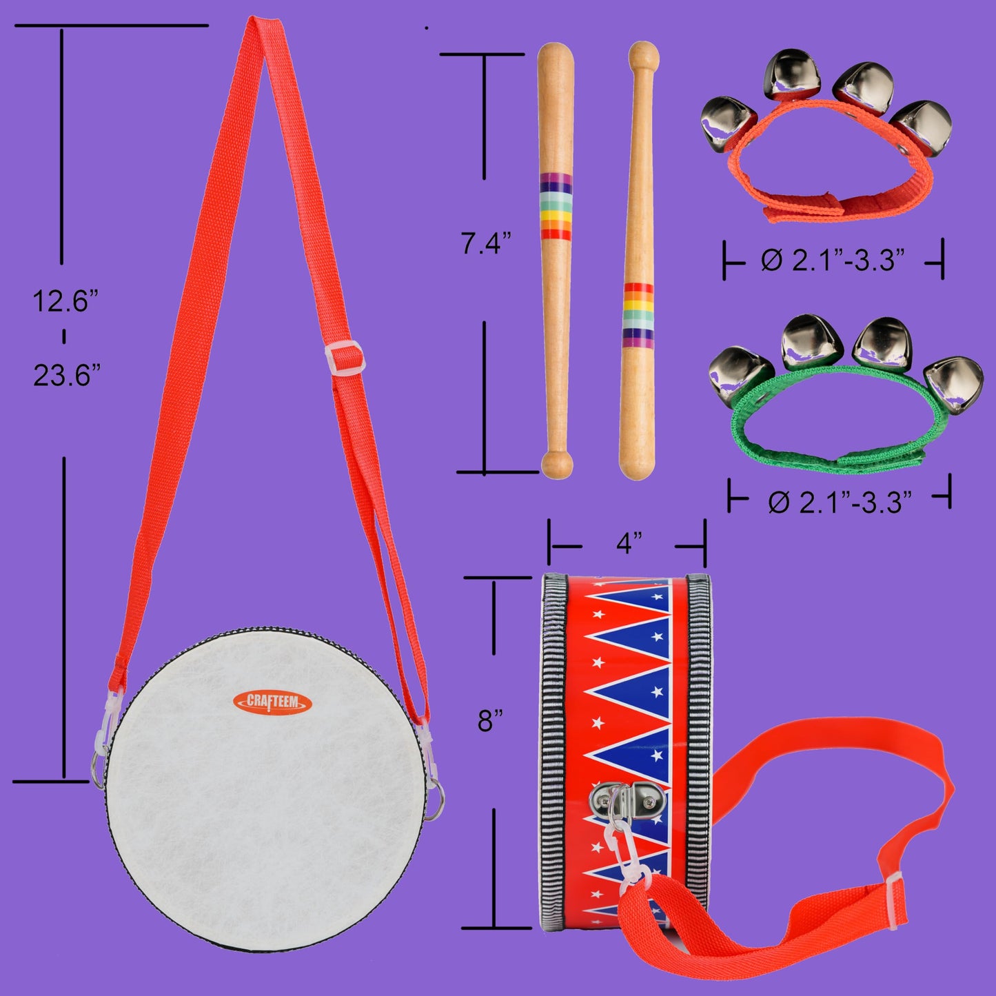 CRAFTEEM Kids Drum Set for Toddlers – Safe Wooden Musical Toy with Wrist Bells & Sticks