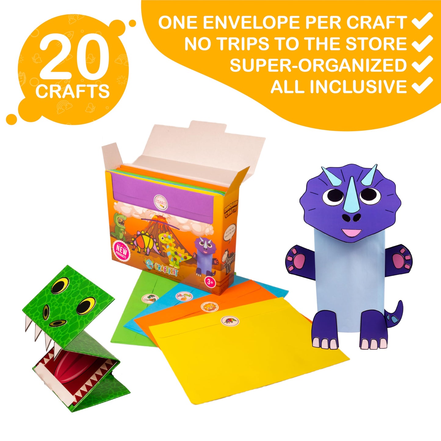 Craftikit® 20 Award-Winning Dinosaur Crafts for Kids – All-Inclusive Montessori-Style Craft Kit (Ages 3–10)