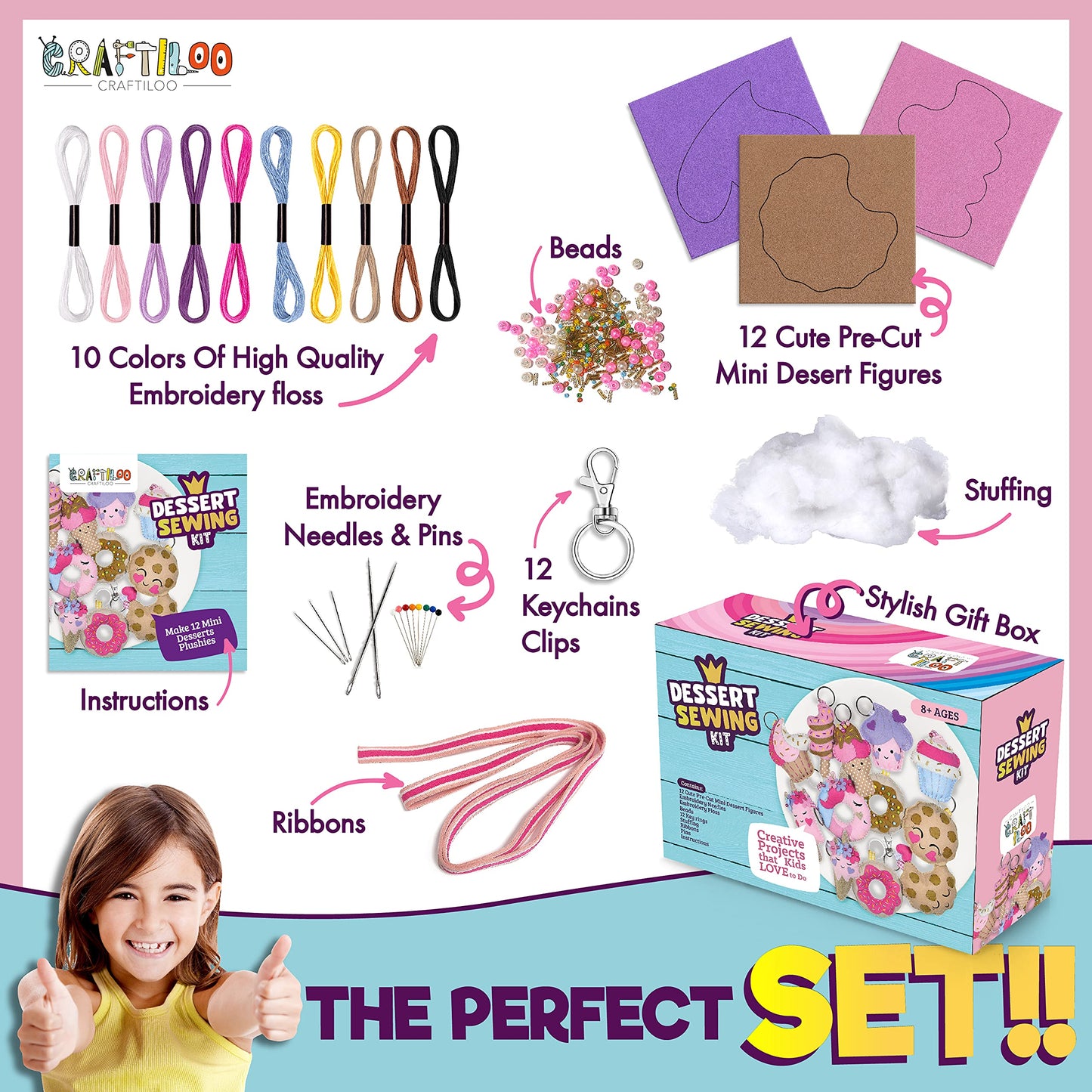 CRAFTILOO 12 Pre-Cut Mini Treats Dessert Sewing Kit for Kids 8-12 – Learn to Sew