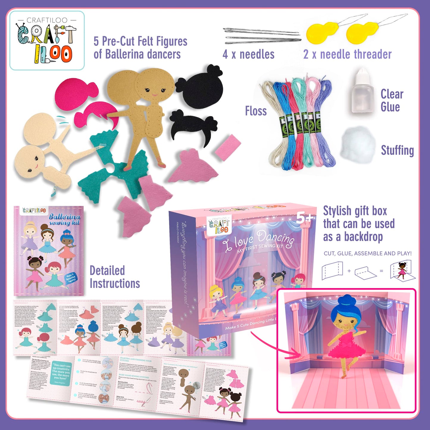 CRAFTILOO Ballerina Dancers Sewing Kit for Kids – Fun, Educational Craft Set for Ages 5-12