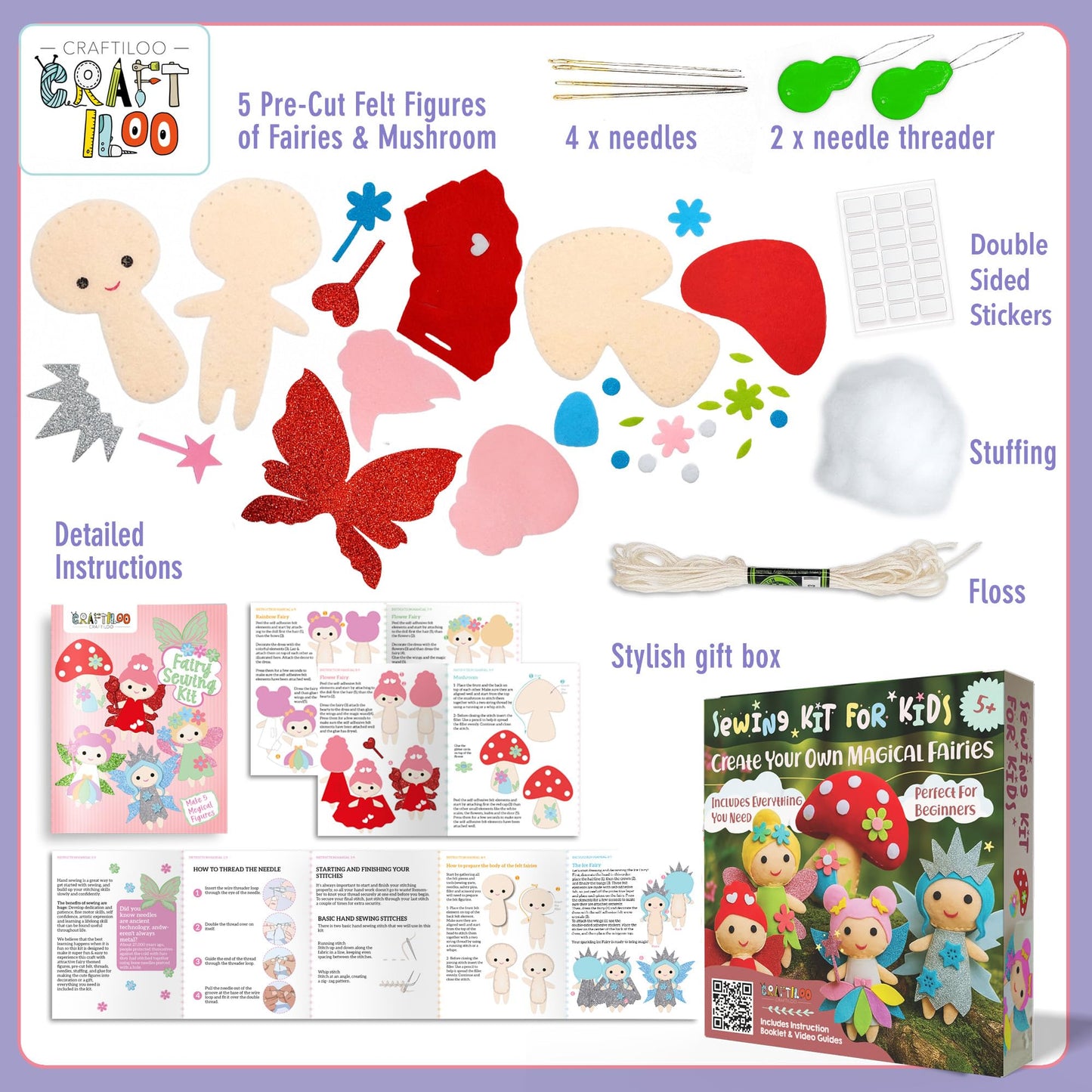CRAFTILOO Fairy Sewing Kit for Kids — 5 Easy Felt Plush Projects