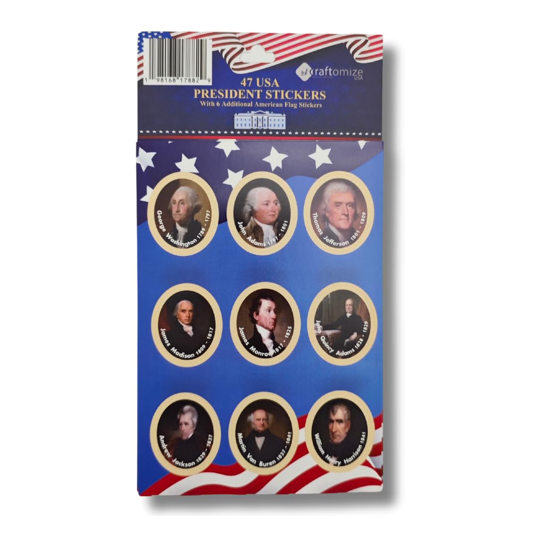 CraftomizeUSA Presidents Portrait Sticker Set: 47 Presidents + 6 Flags, Waterproof Vinyl