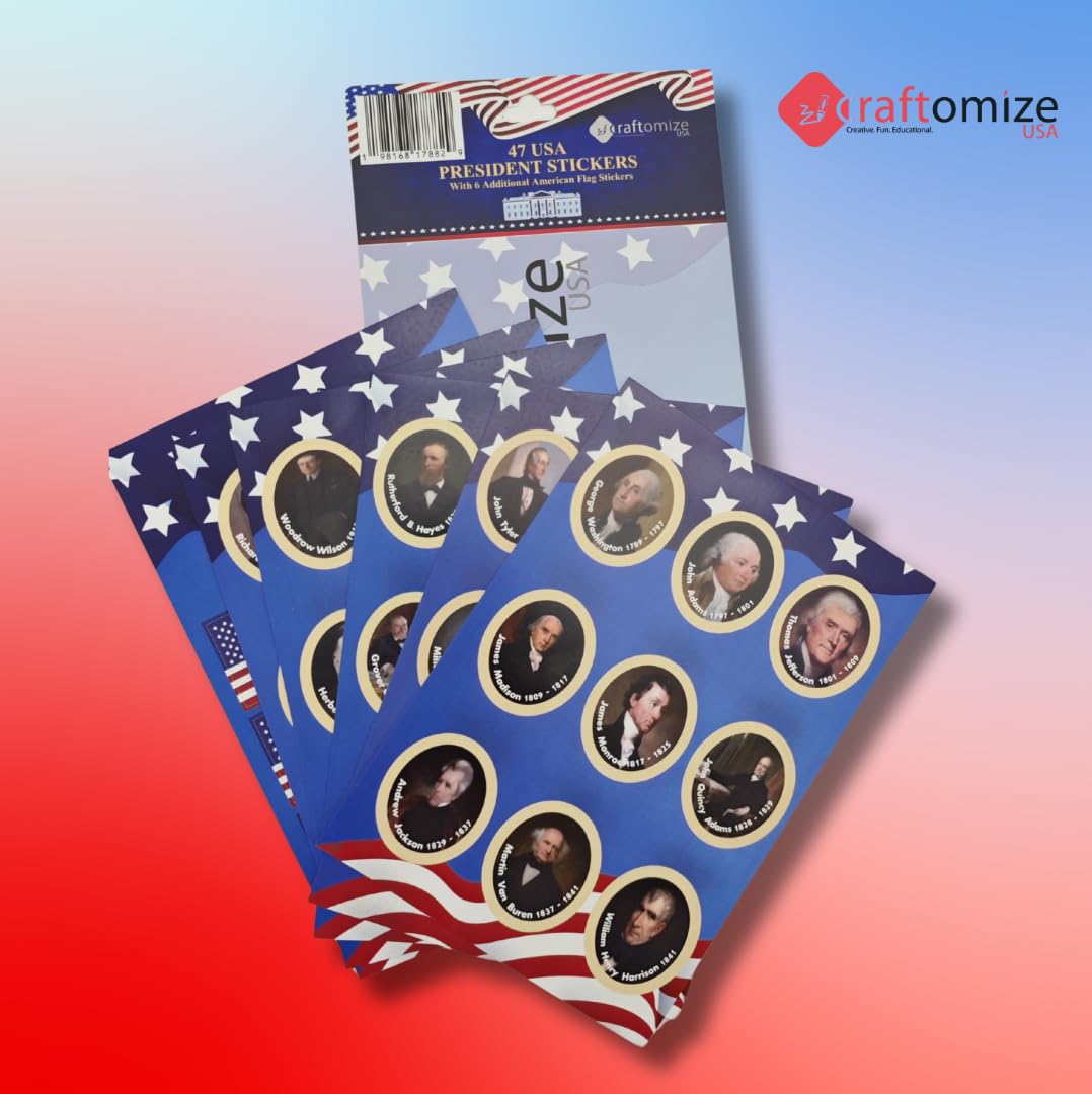 CraftomizeUSA Presidents Portrait Sticker Set: 47 Presidents + 6 Flags, Waterproof Vinyl