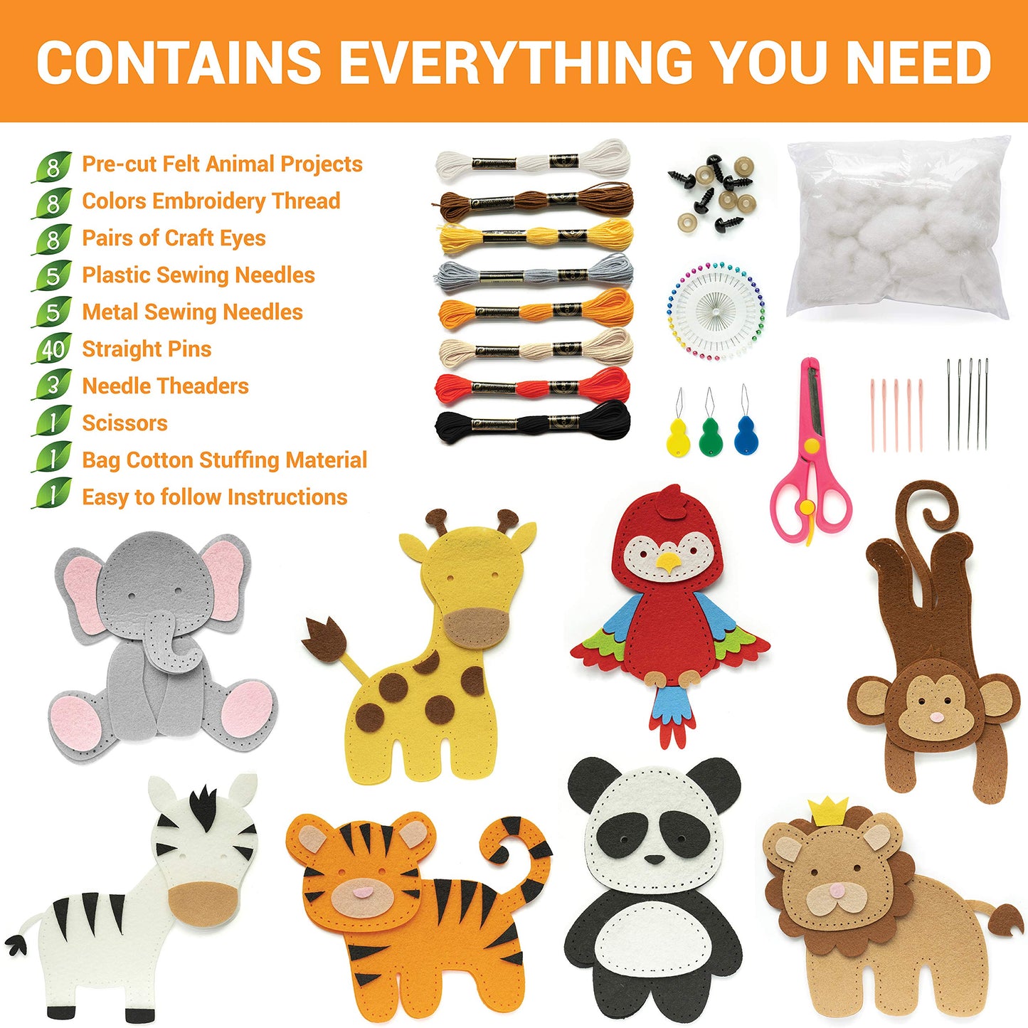 Craftorama Sewing Kit for Kids — Wild Animal Felt Crafts, 165-Piece Beginner Set for Ages 7-12