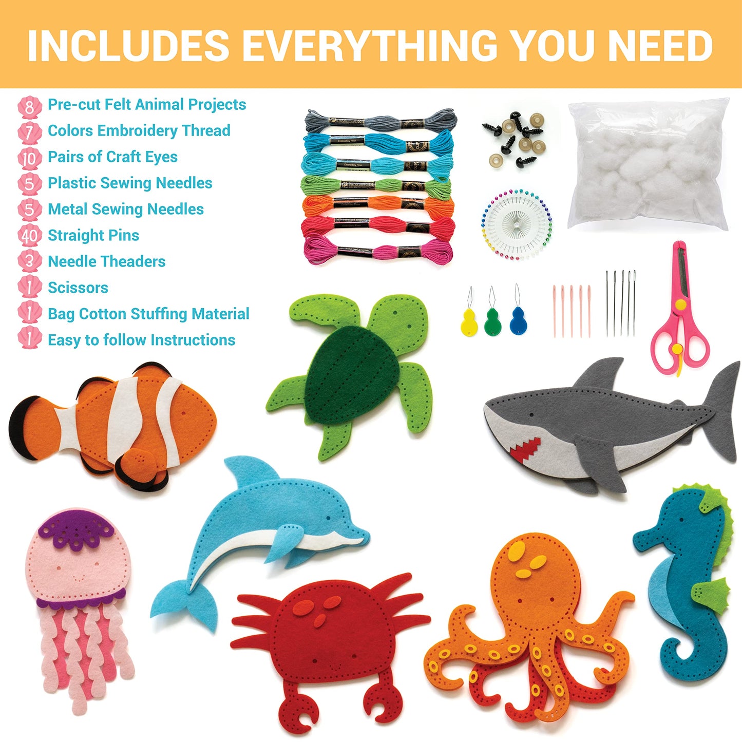 Craftorama Sewing Kit for Kids | 165-Piece Felt Animal Craft Set for Beginners (Ages 7-12)