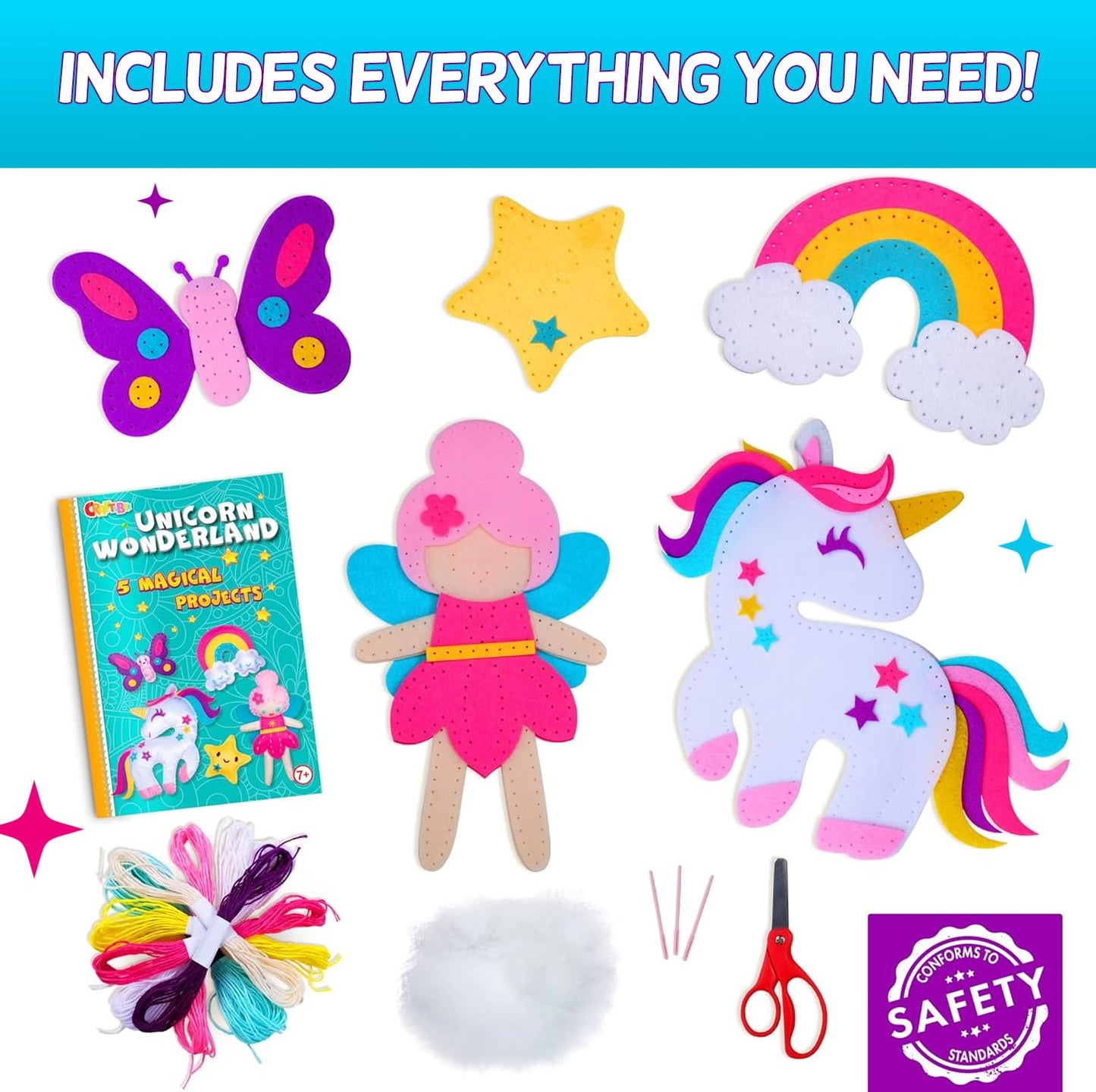 CraftsBee Magical Unicorn Sewing Kit for Girls 7+ | 5 Felt Crafts & Cozy Pillow