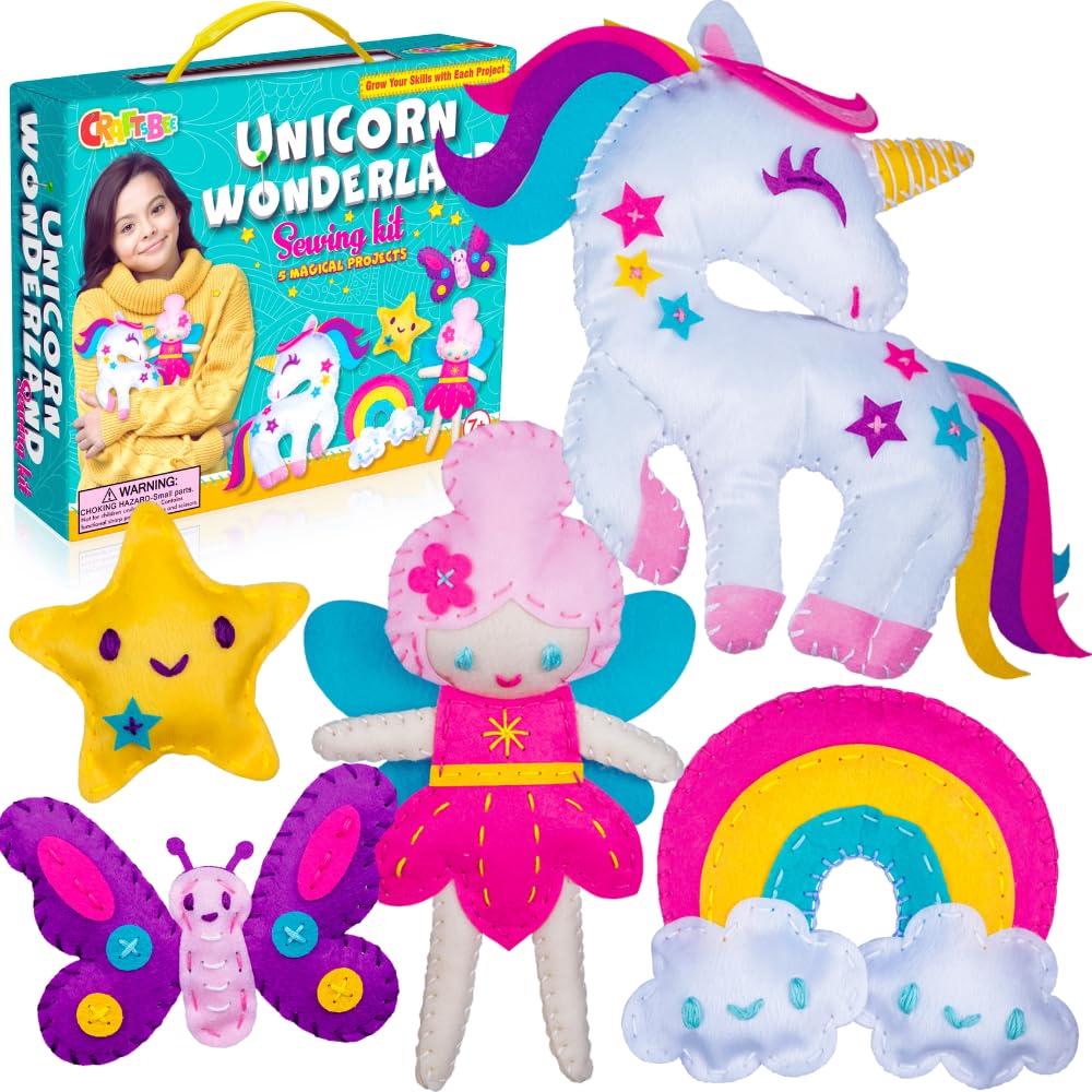CraftsBee Magical Unicorn Sewing Kit for Girls 7+ | 5 Felt Crafts & Cozy Pillow