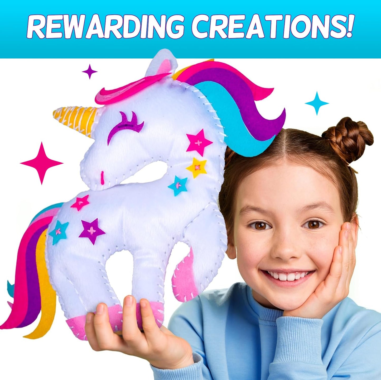 CraftsBee Magical Unicorn Sewing Kit for Girls 7+ | 5 Felt Crafts & Cozy Pillow