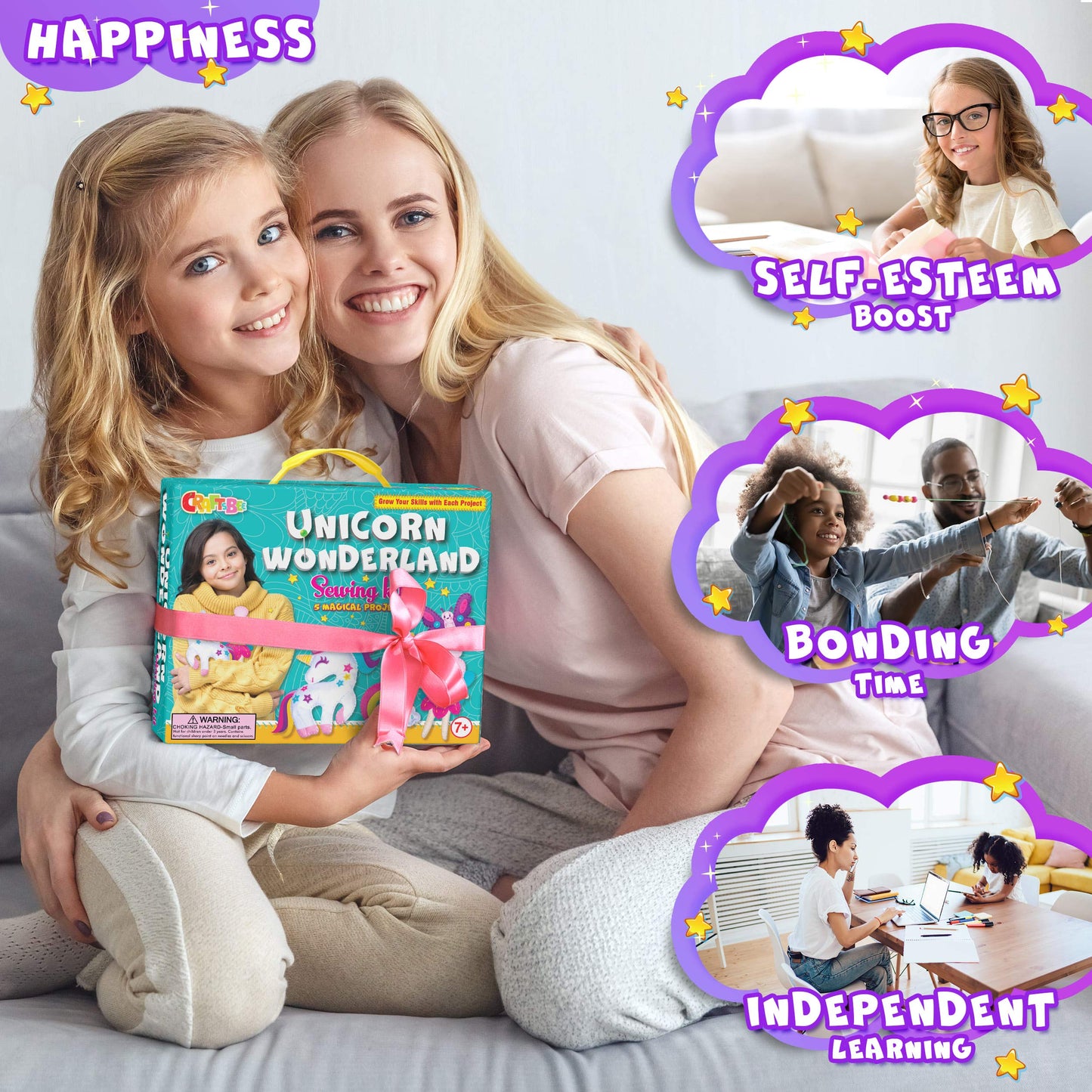 CraftsBee Magical Unicorn Sewing Kit for Girls 7+ | 5 Felt Crafts & Cozy Pillow