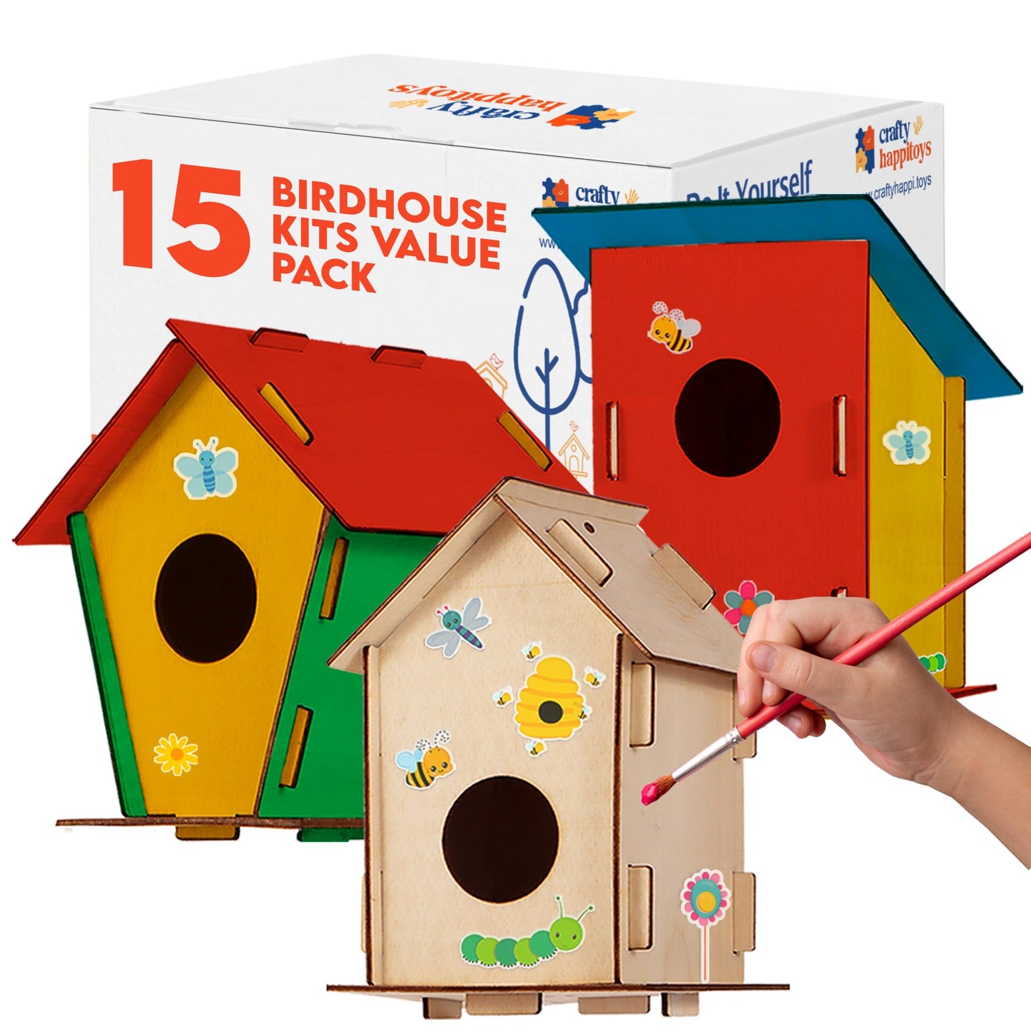 Crafty Happitooys Birdhouse Kit – 15 Unfinished Wood Bird Houses for Kids to Paint | Wooden Arts & Craft Kit