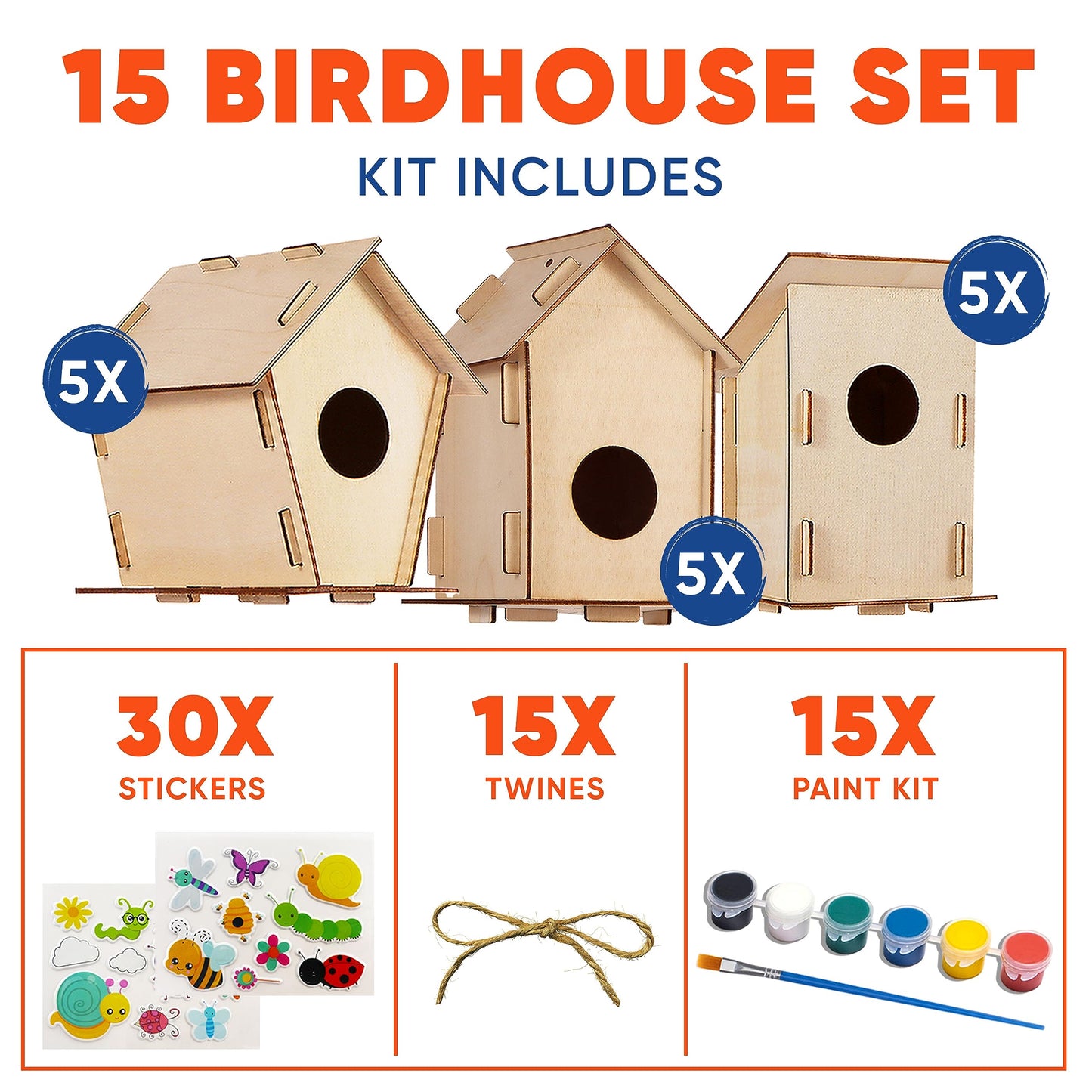 Crafty Happitooys Birdhouse Kit – 15 Unfinished Wood Bird Houses for Kids to Paint | Wooden Arts & Craft Kit