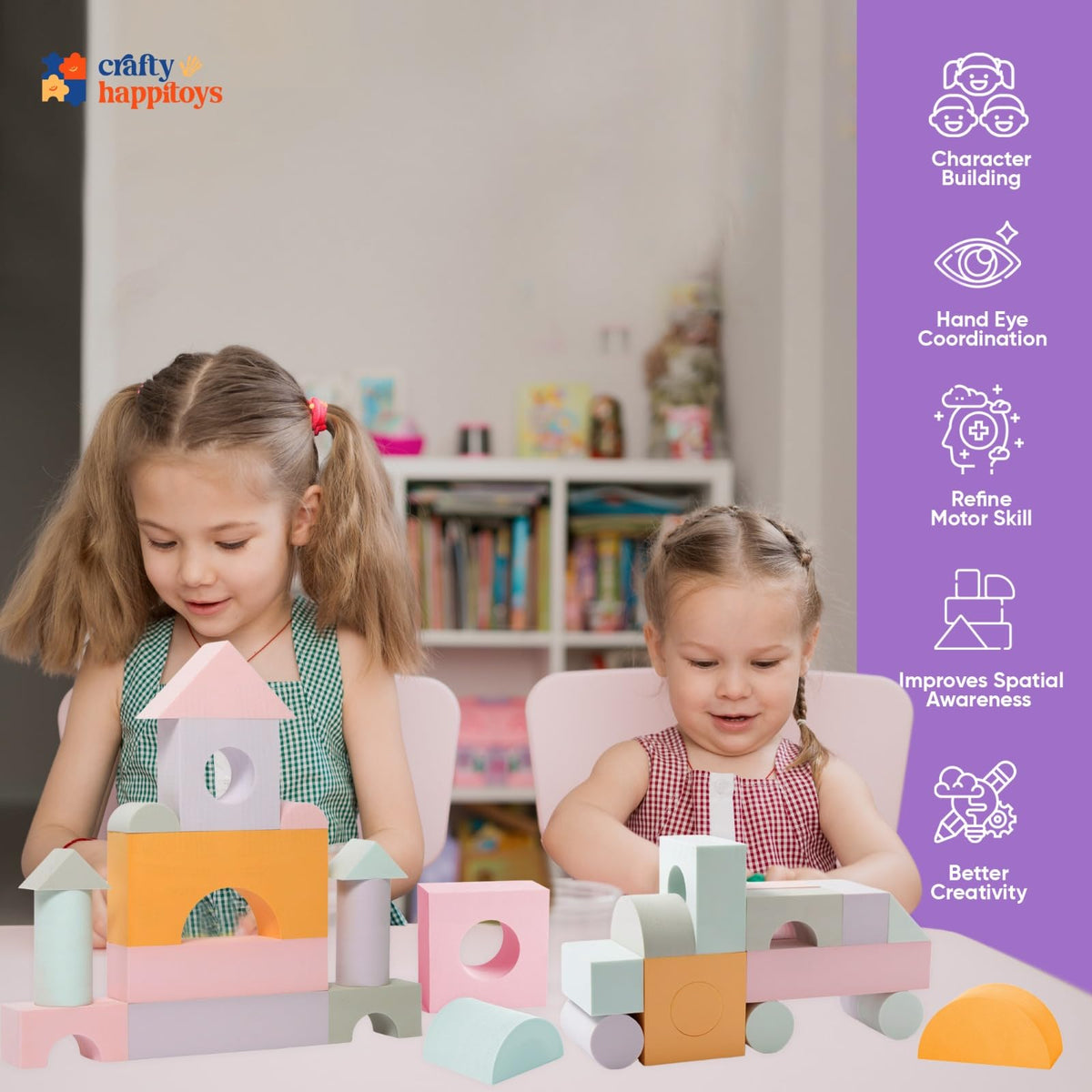 Crafty Happittoys 34-Piece Jumbo Foam Blocks Set for Toddlers – Shapes, Colors & Open-Ended Play