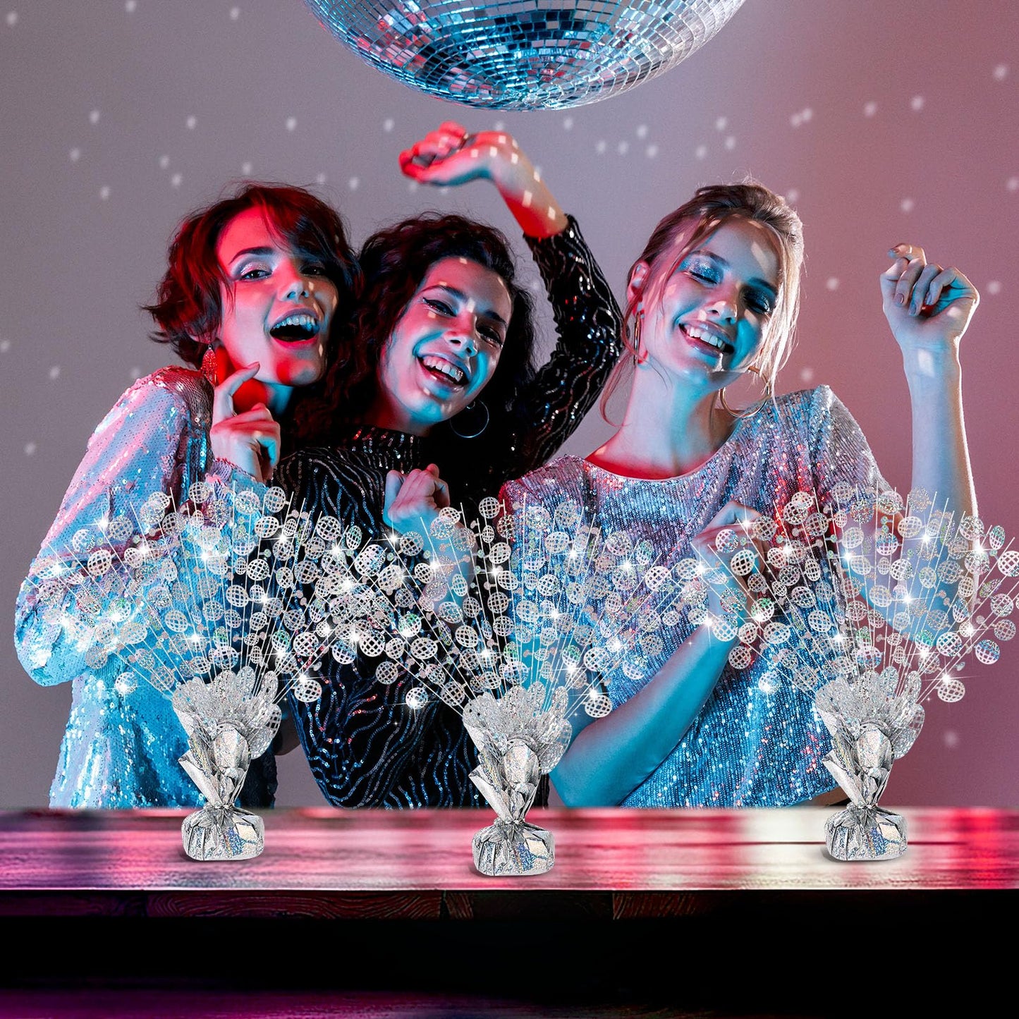 CraftyDream 3 Pcs Disco Table Decorations - Silver Glitter Foil Spray Centerpieces