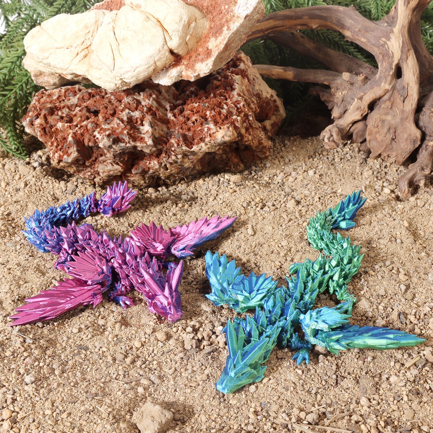 Cranado 2-Pack 9-Inch Articulated Dragons with Wings – Gradient 3D Printed Bookshelf Decor for Home Office