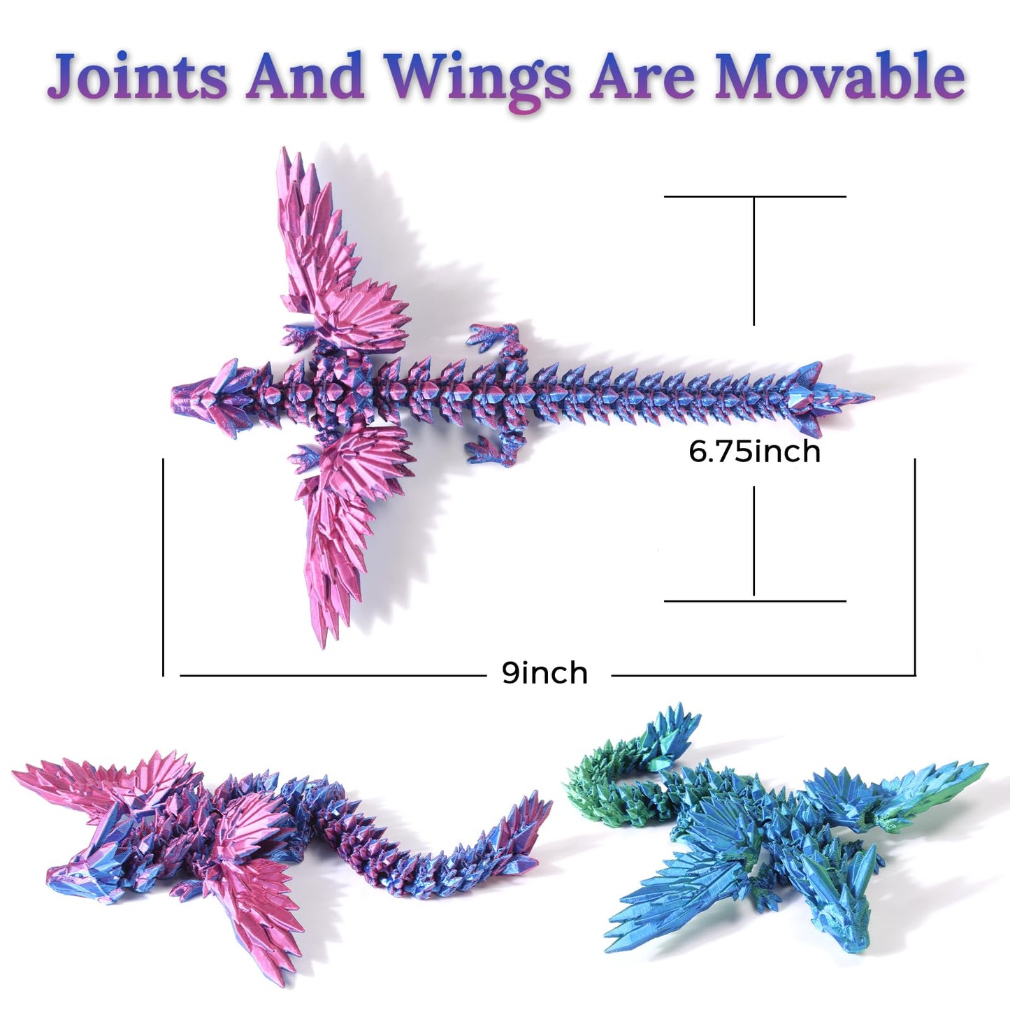 Cranado 2-Pack 9-Inch Articulated Dragons with Wings – Gradient 3D Printed Bookshelf Decor for Home Office