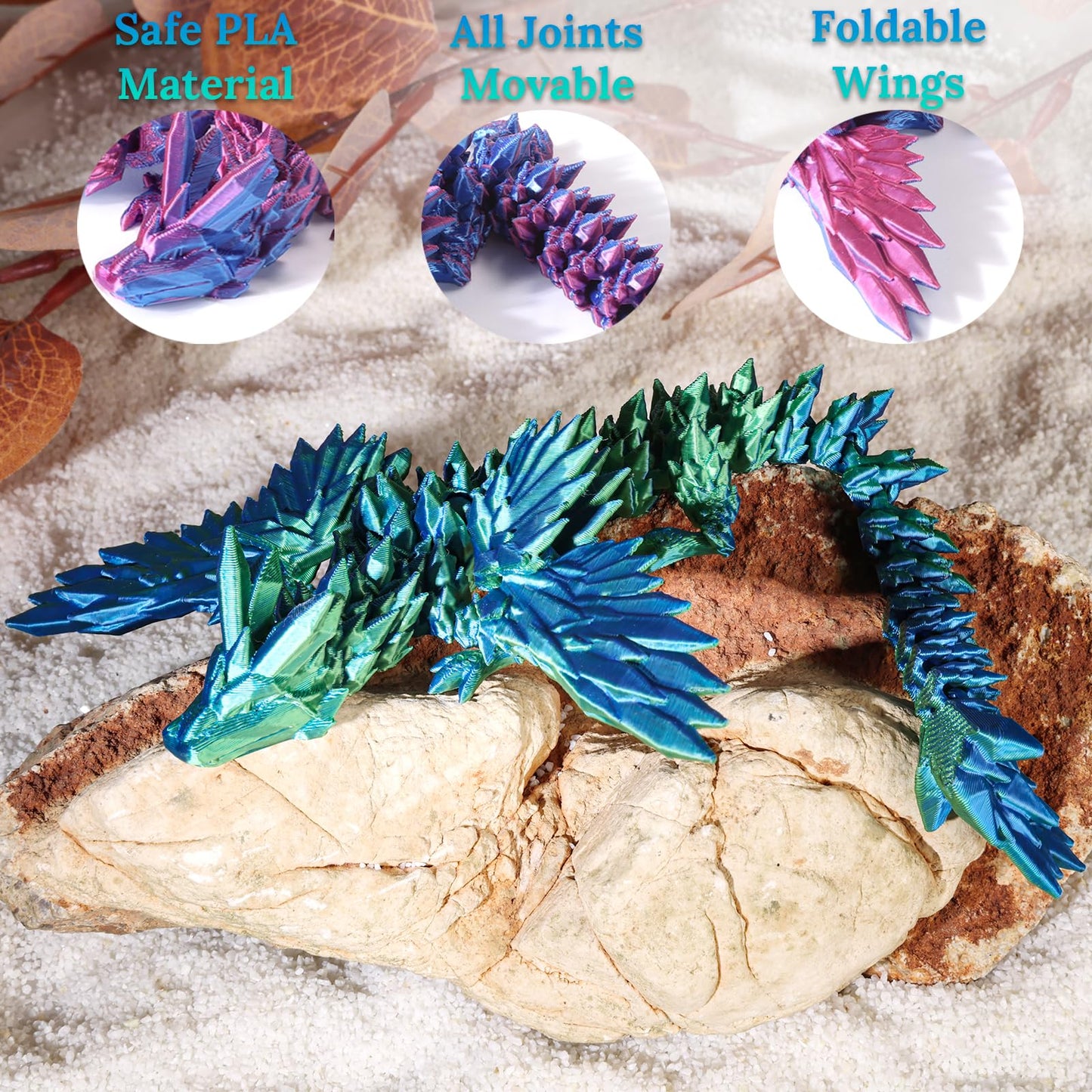 Cranado 2-Pack 9-Inch Articulated Dragons with Wings – Gradient 3D Printed Bookshelf Decor for Home Office