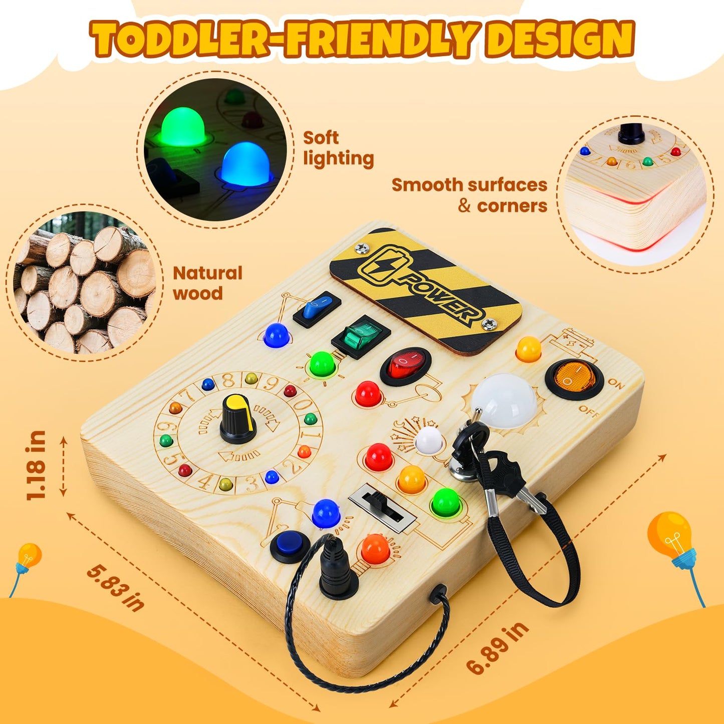 Cravenook Montessori Busy Board: Wooden Sensory Toy with LED Lights for Toddlers