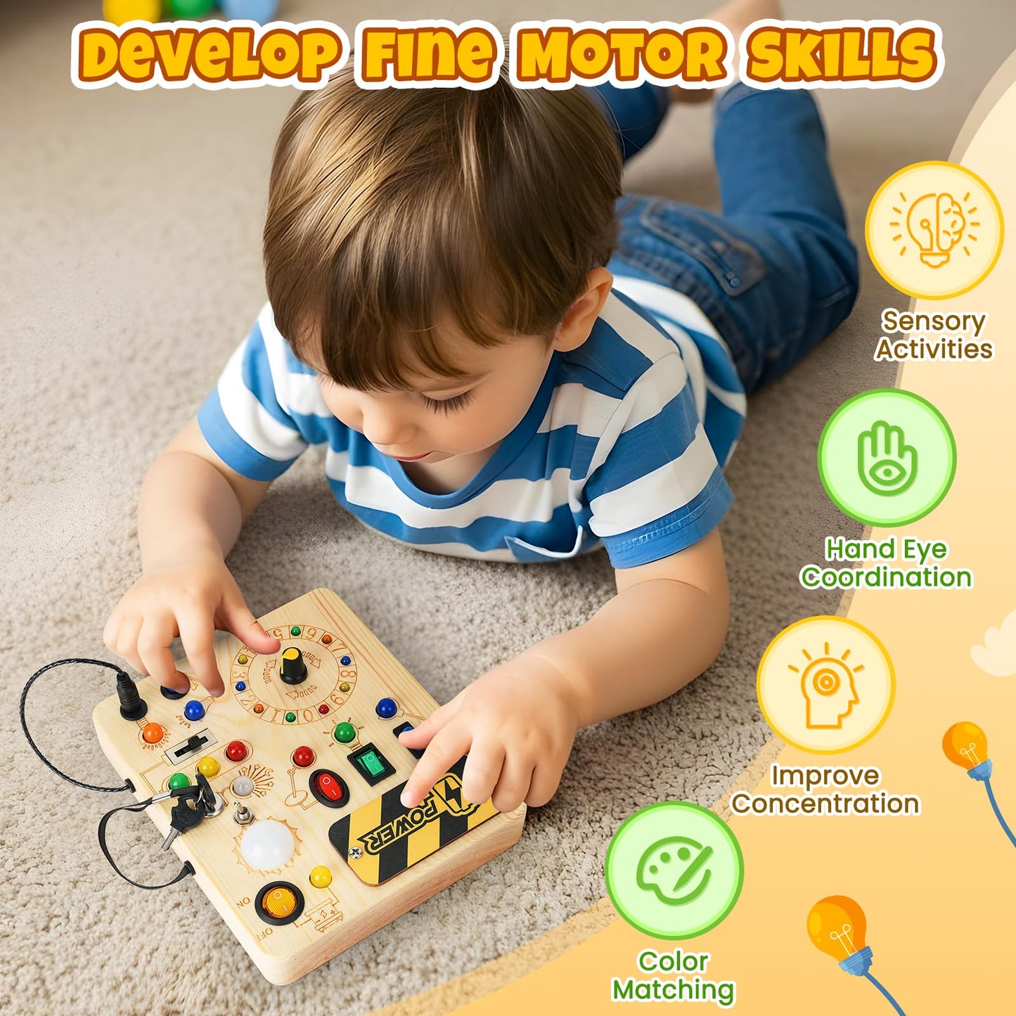 Cravenook Montessori Busy Board: Wooden Sensory Toy with LED Lights for Toddlers