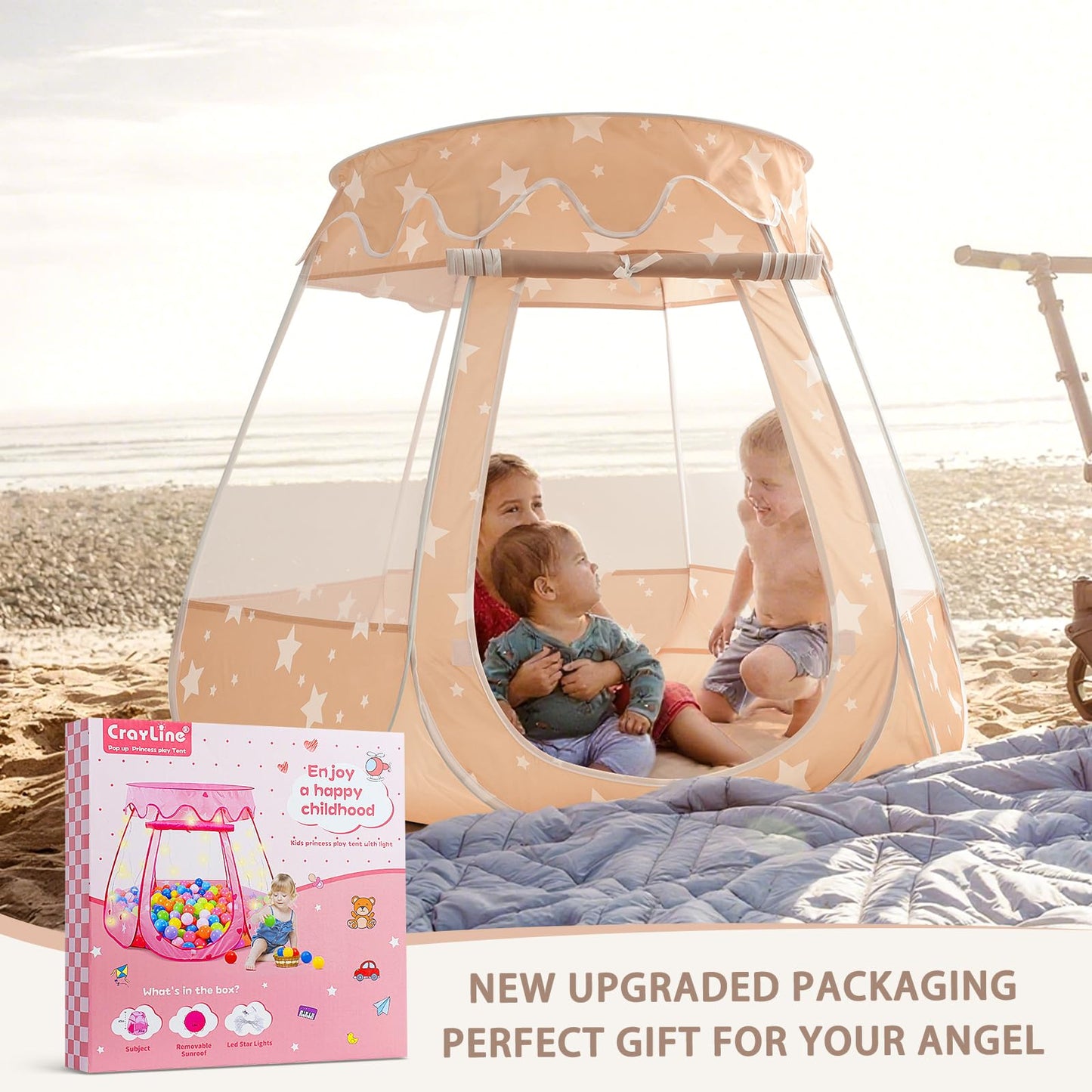 Crayline Pop Up Princess Tent with Star Light – Easy 1-Second Setup, 49x49in Ball Pit for Toddlers