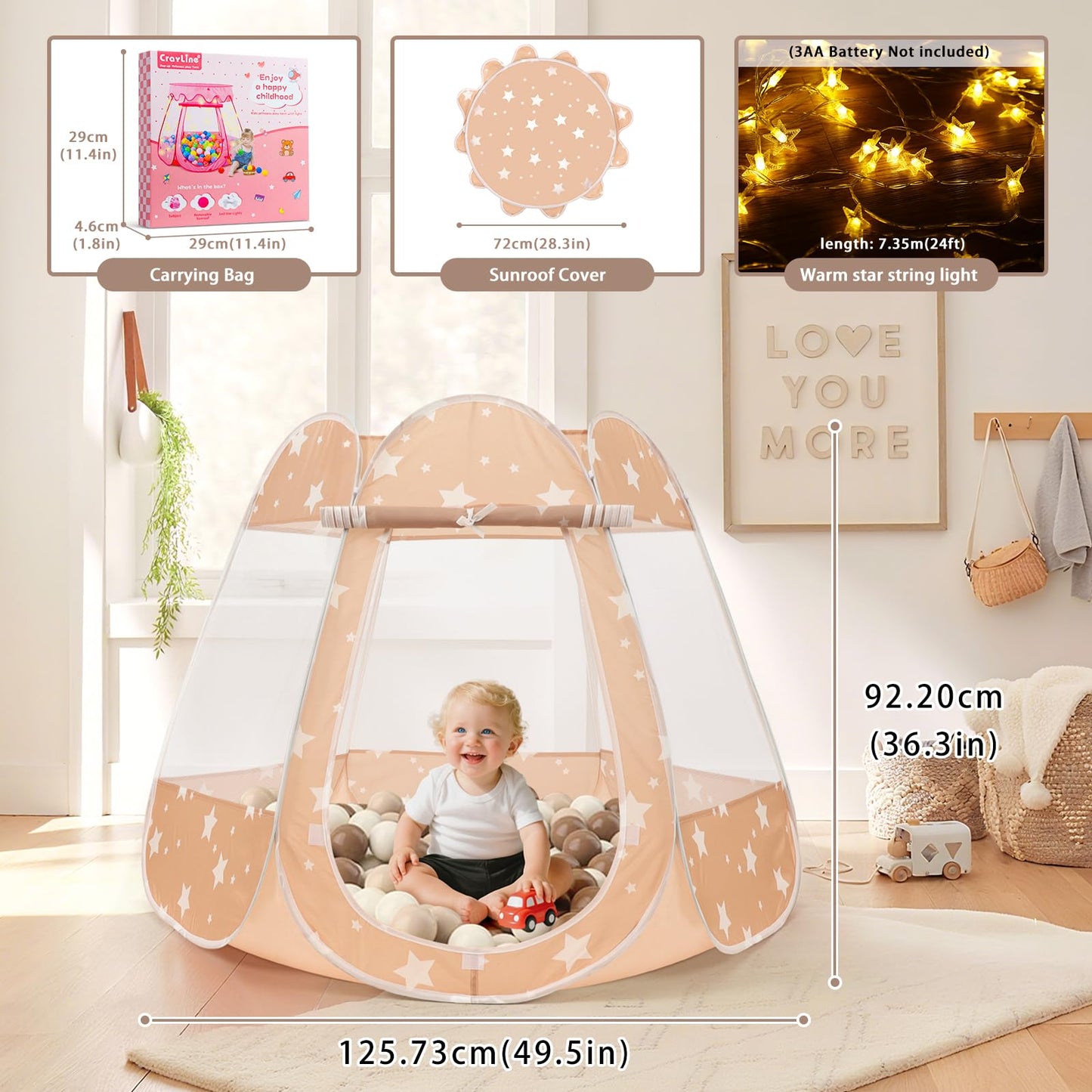 Crayline Pop Up Princess Tent with Star Light – Easy 1-Second Setup, 49x49in Ball Pit for Toddlers