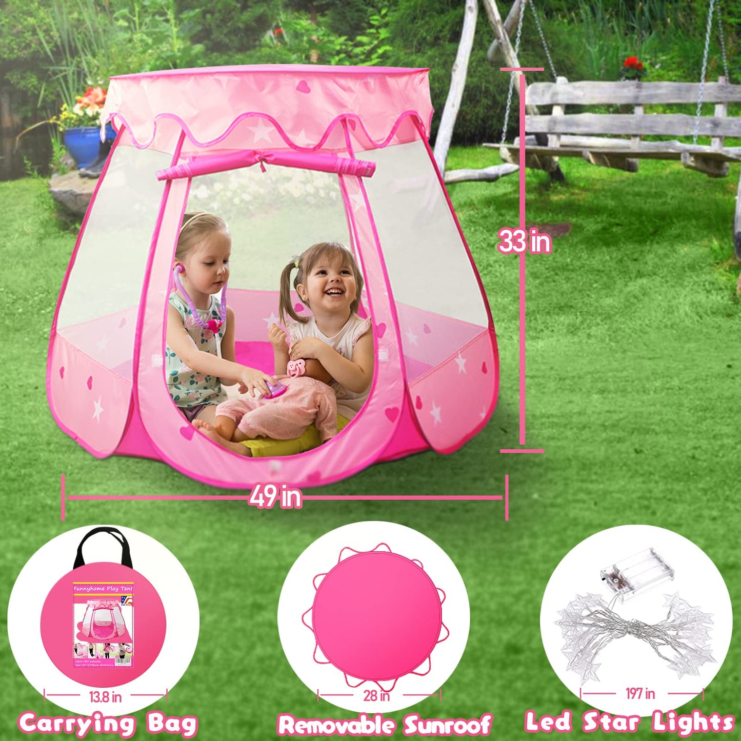 Crayline Pop Up Princess Tent with Star Light – Easy 1-Second Setup, Pink