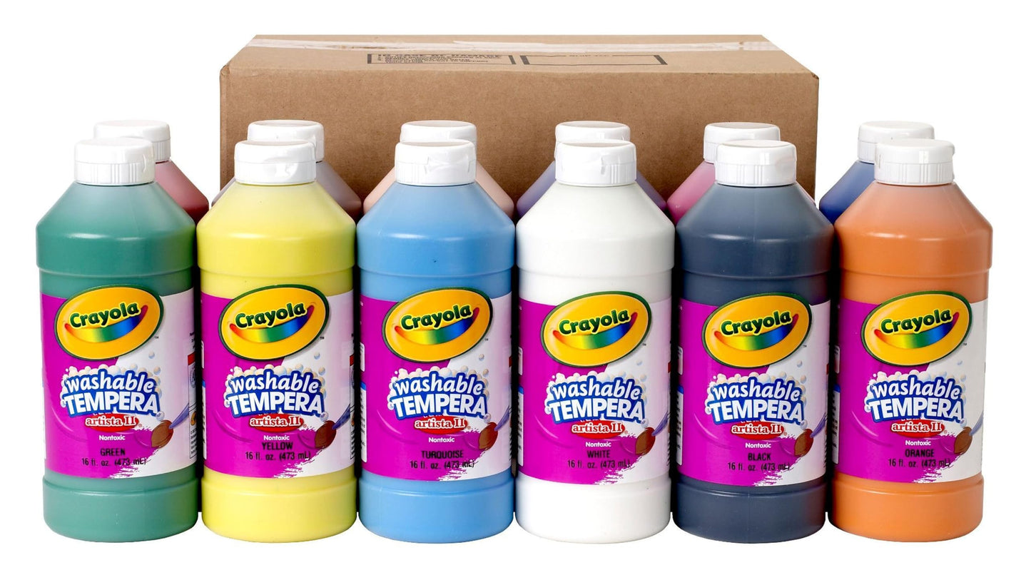 Crayola Artista II Washable Tempera Paint Set – 12 Colors, 16 oz Bottles