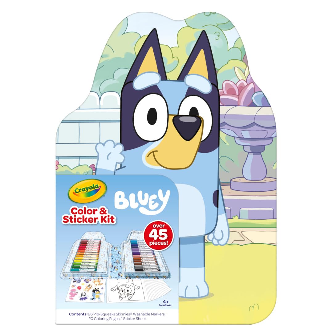 Crayola Bluey Art Kit for Kids (45pcs) – 20 Coloring Pages, 26 Markers, 1 Sticker Sheet, Bluey Case