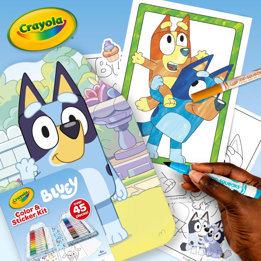 Crayola Bluey Art Kit for Kids (45pcs) – 20 Coloring Pages, 26 Markers, 1 Sticker Sheet, Bluey Case