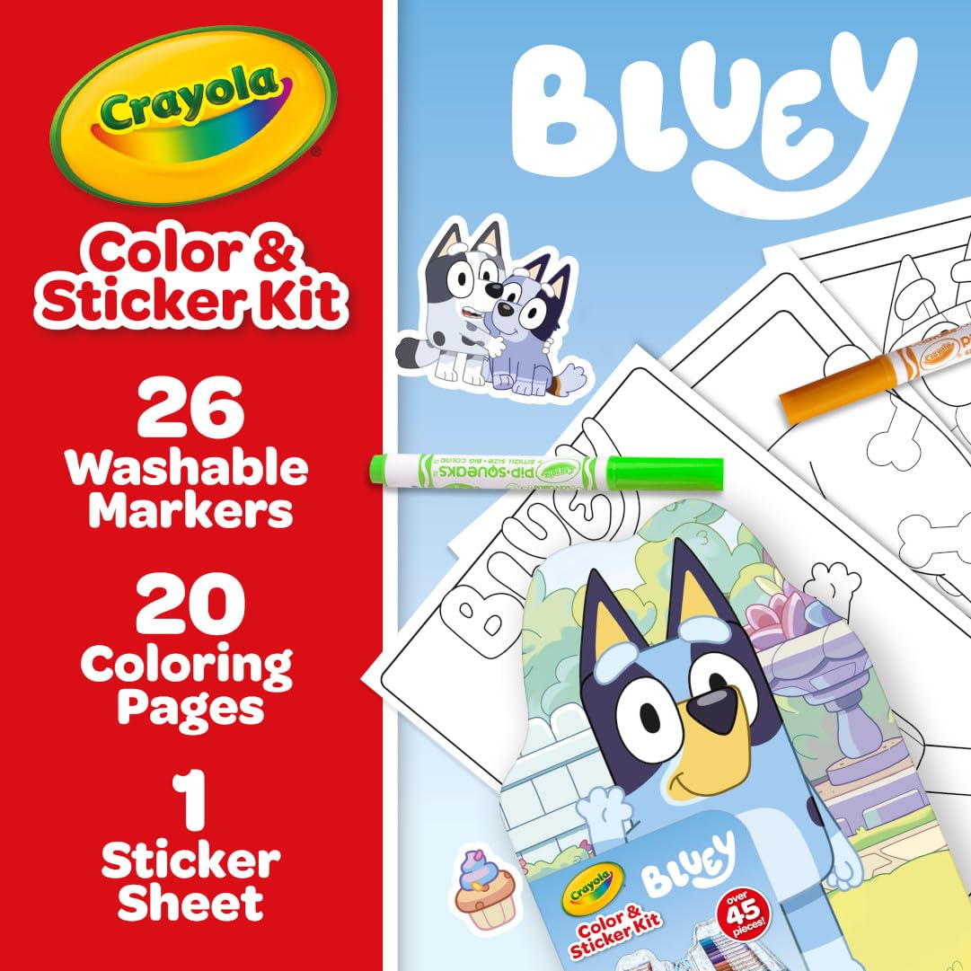 Crayola Bluey Art Kit for Kids (45pcs) – 20 Coloring Pages, 26 Markers, 1 Sticker Sheet, Bluey Case