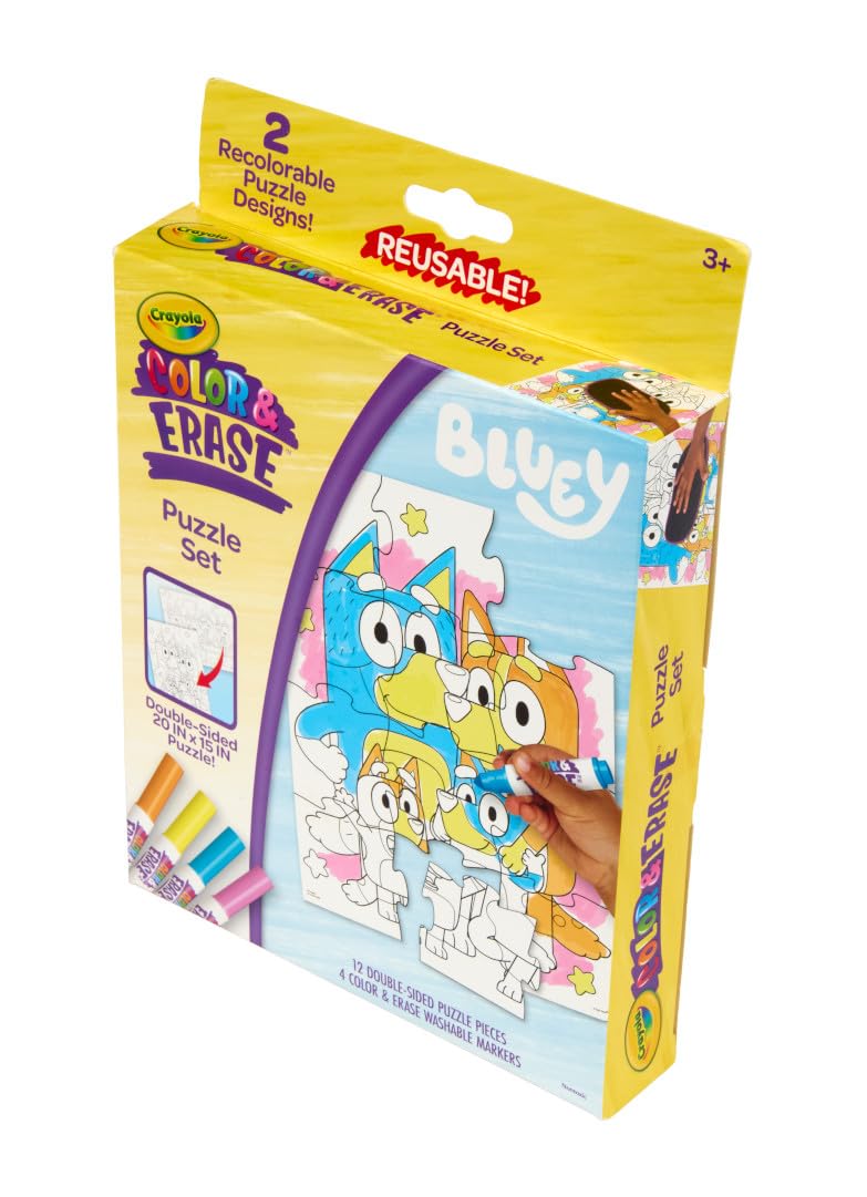 Crayola Color & Erase Bluey Puzzle Set – 12 Reusable Double-Sided Puzzles for Kids 3+