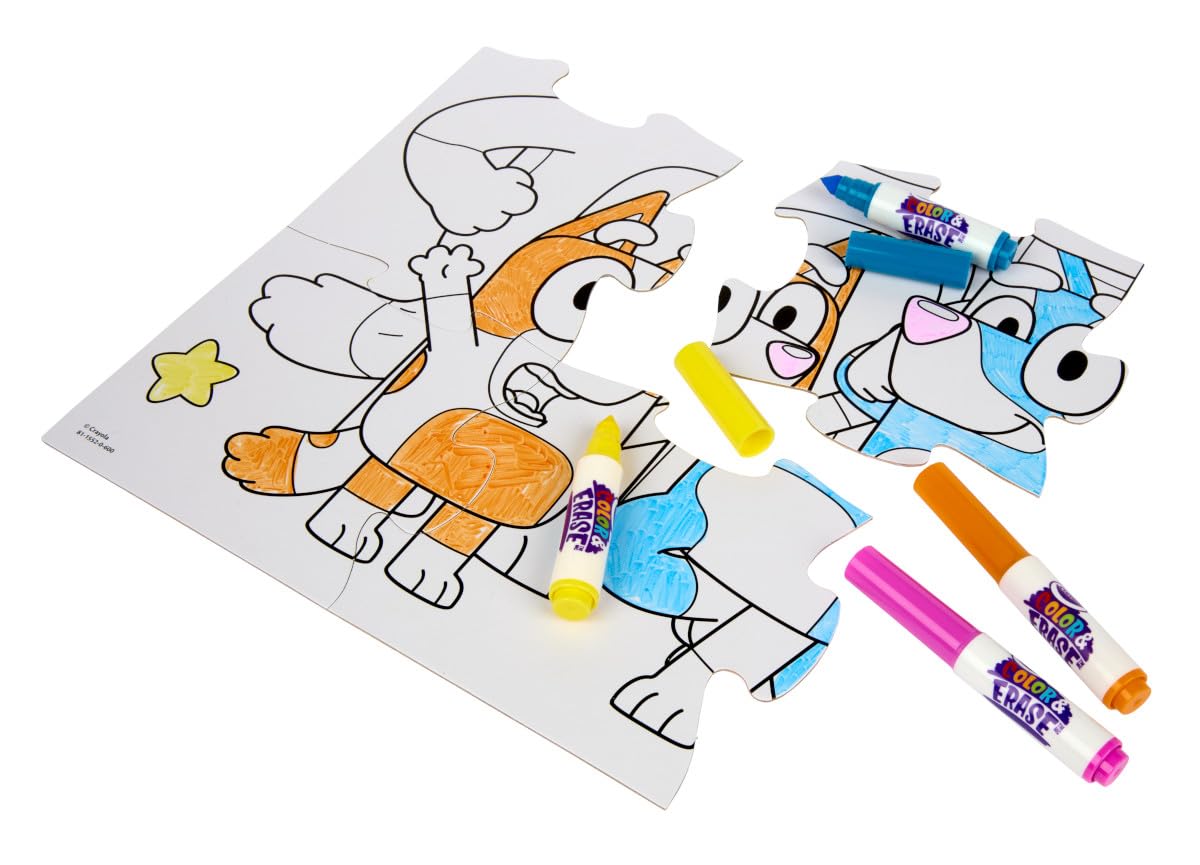 Crayola Color & Erase Bluey Puzzle Set – 12 Reusable Double-Sided Puzzles for Kids 3+