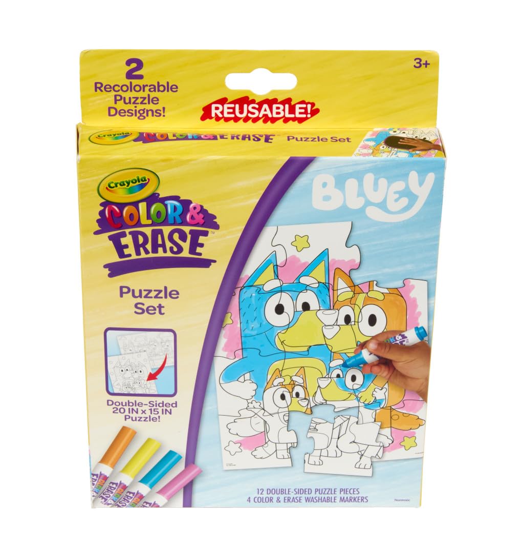 Crayola Color & Erase Bluey Puzzle Set – 12 Reusable Double-Sided Puzzles for Kids 3+