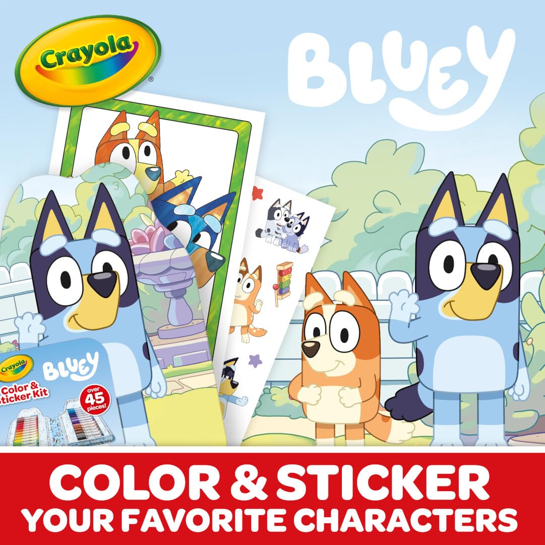 Crayola Bluey Art Kit for Kids (45pcs) – 20 Coloring Pages, 26 Markers, 1 Sticker Sheet, Bluey Case
