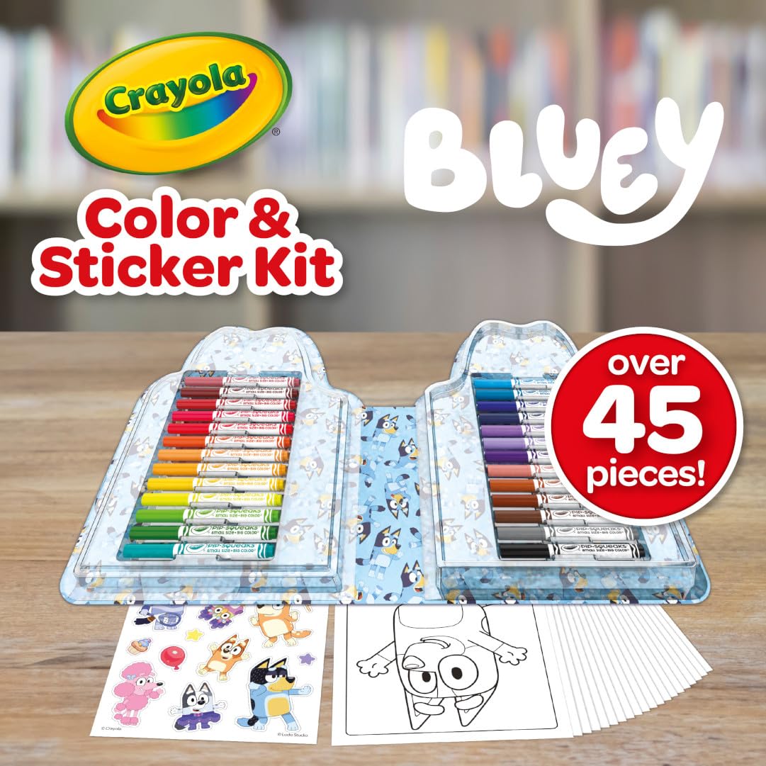 Crayola Bluey Art Kit for Kids (45pcs) – 20 Coloring Pages, 26 Markers, 1 Sticker Sheet, Bluey Case