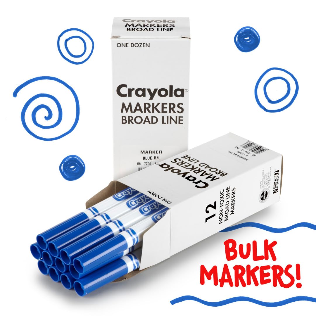 Crayola 12 Count Washable Bulk Markers, Blue | Broad Line, Safe & Washable