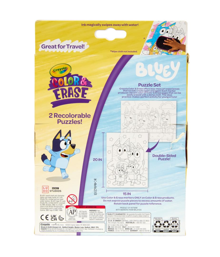 Crayola Color & Erase Bluey Puzzle Set – 12 Reusable Double-Sided Puzzles for Kids 3+