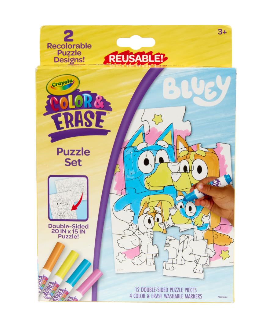 Crayola Color & Erase Bluey Puzzle Set – 12 Reusable Double-Sided Puzzles for Kids 3+
