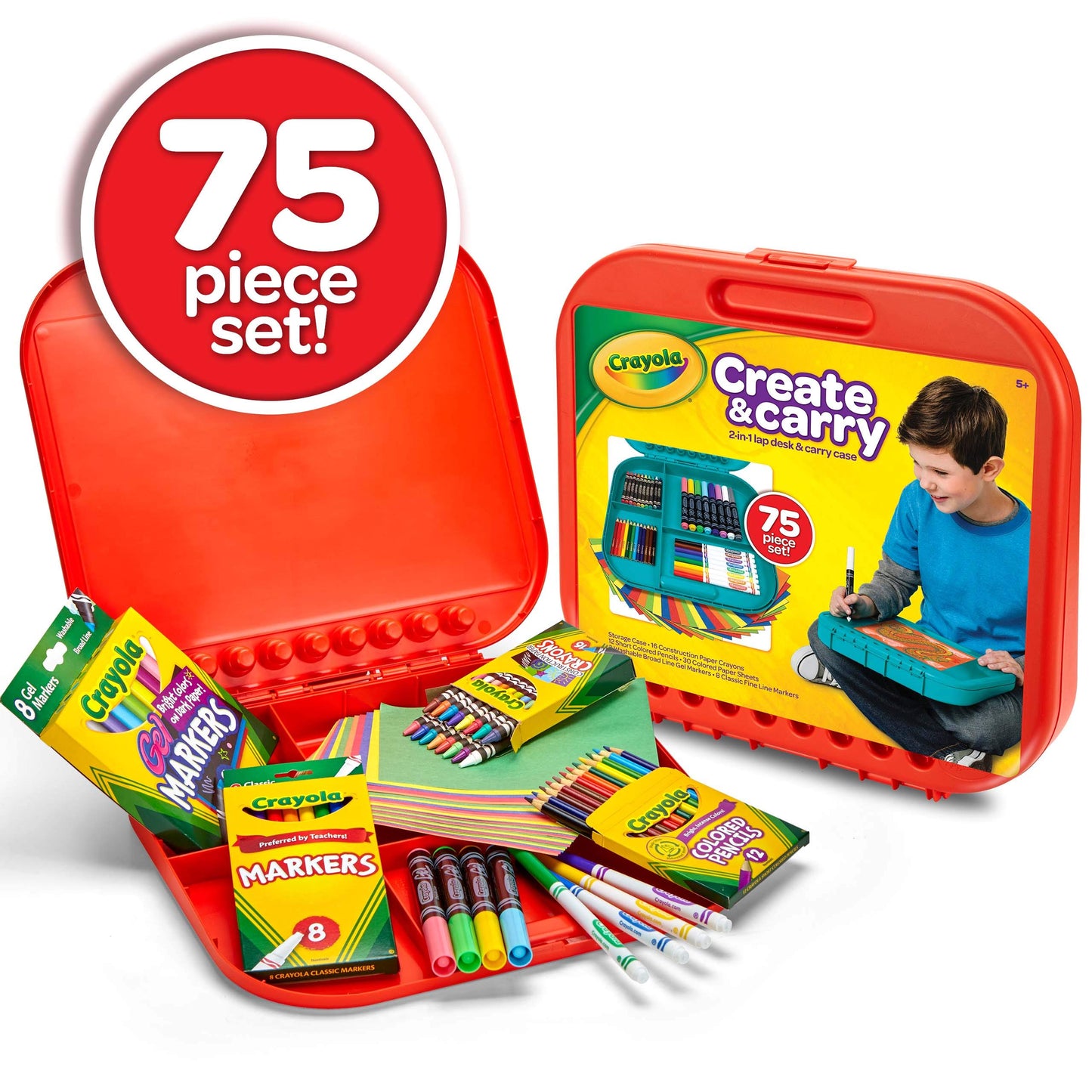 Crayola Create & Carry Travel Art Set for Kids (75pcs) – 2-in-1 Lap Desk & Carry Case