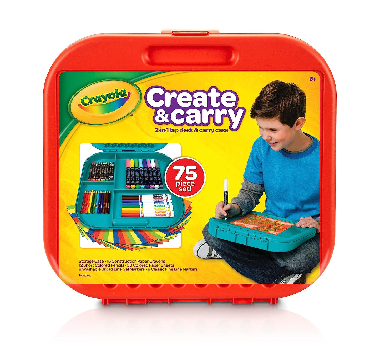 Crayola Create & Carry Travel Art Set for Kids (75pcs) – 2-in-1 Lap Desk & Carry Case