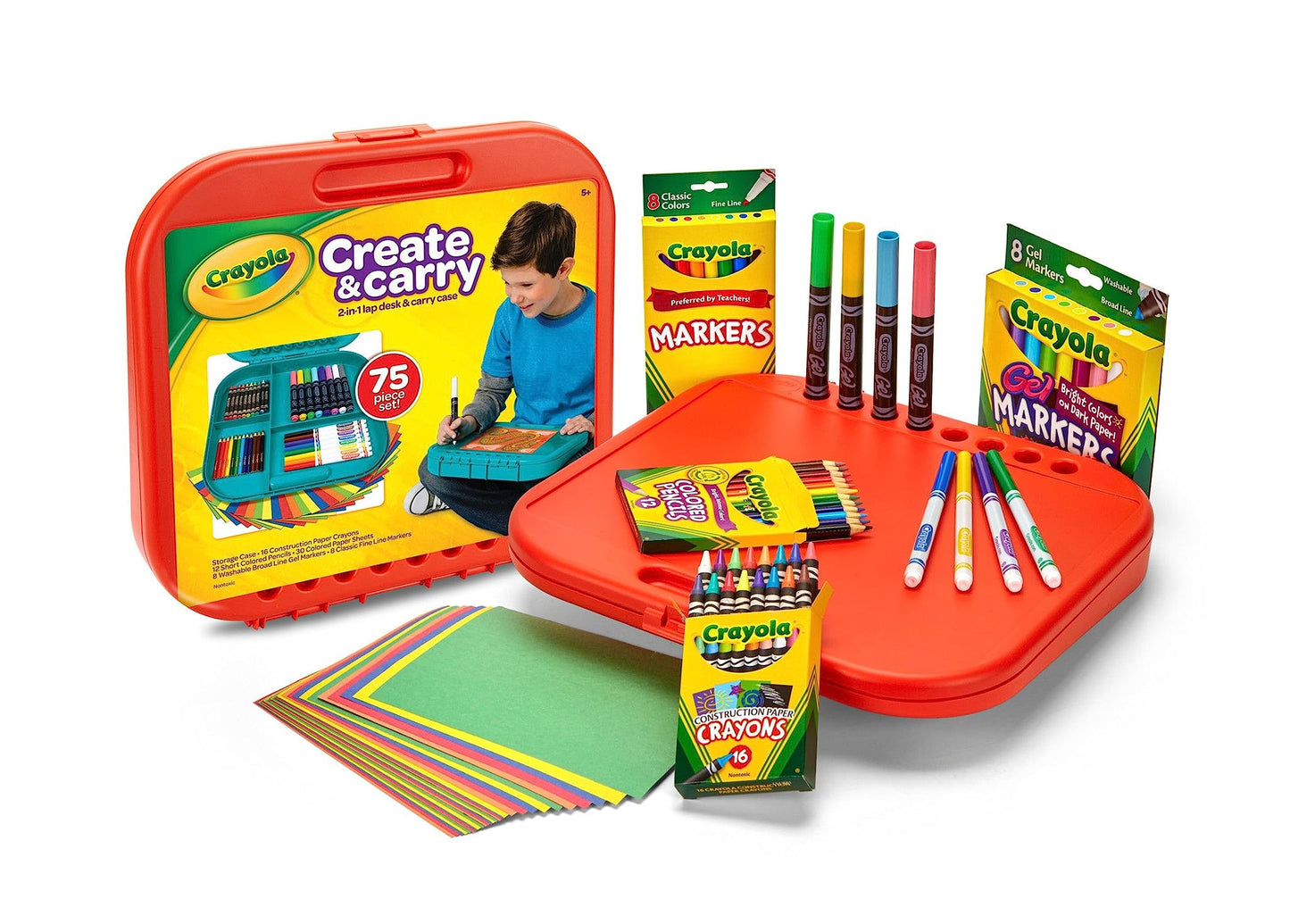 Crayola Create & Carry Travel Art Set for Kids (75pcs) – 2-in-1 Lap Desk & Carry Case
