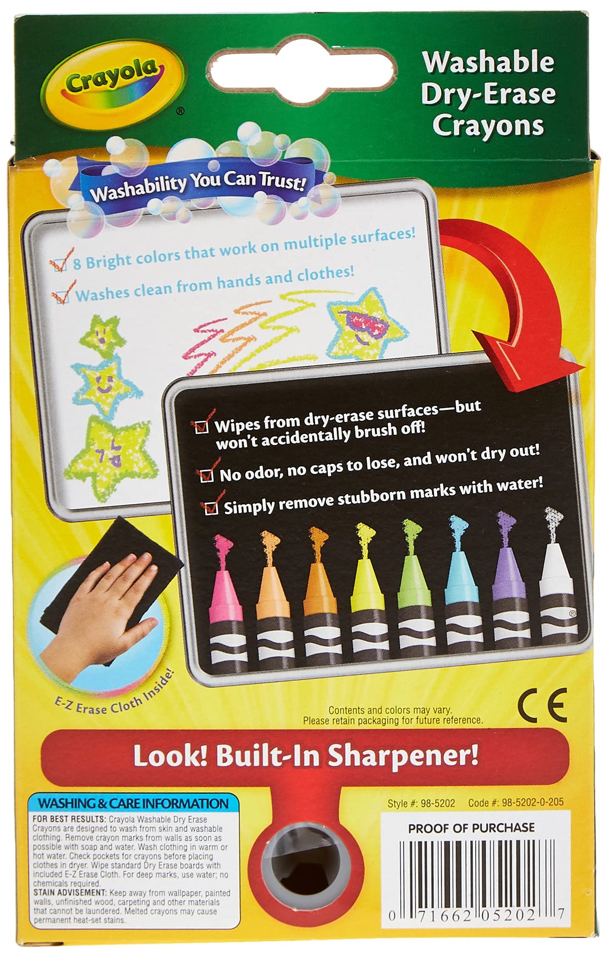 Crayola Dry-Erase Bright Crayons, 8 Count – No Odor, Washable, Includes E-Z Erase Cloth & Sharpener