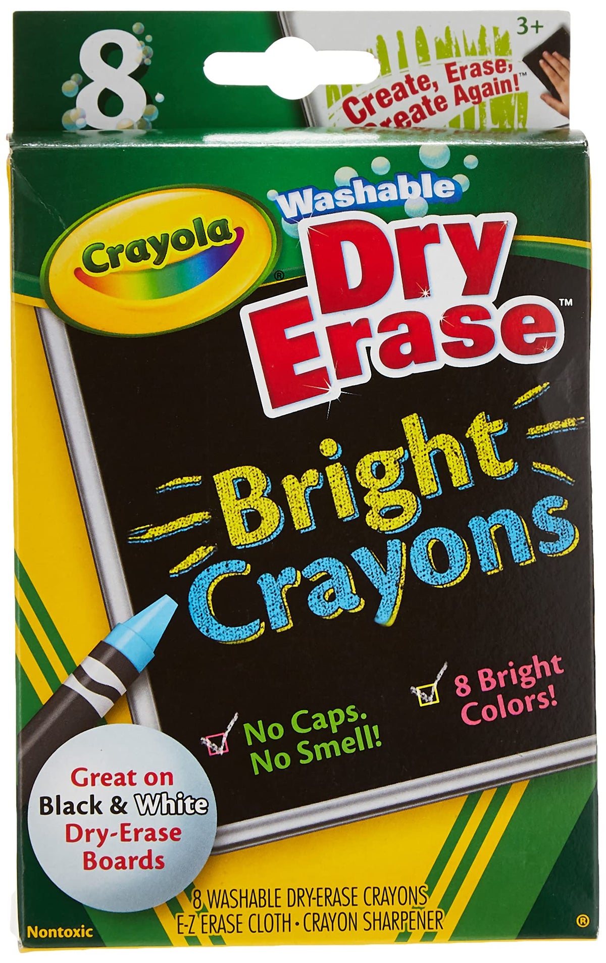 Crayola Dry-Erase Bright Crayons, 8 Count – No Odor, Washable, Includes E-Z Erase Cloth & Sharpener