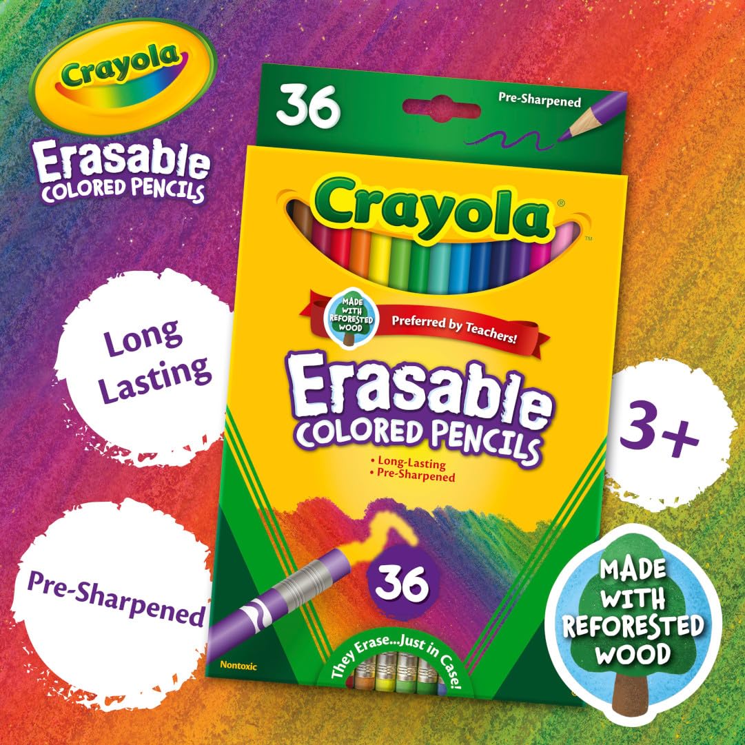 Crayola Erasable Colored Pencils (36ct) – Vibrant, Pre-Sharpened, Erasable for Kids